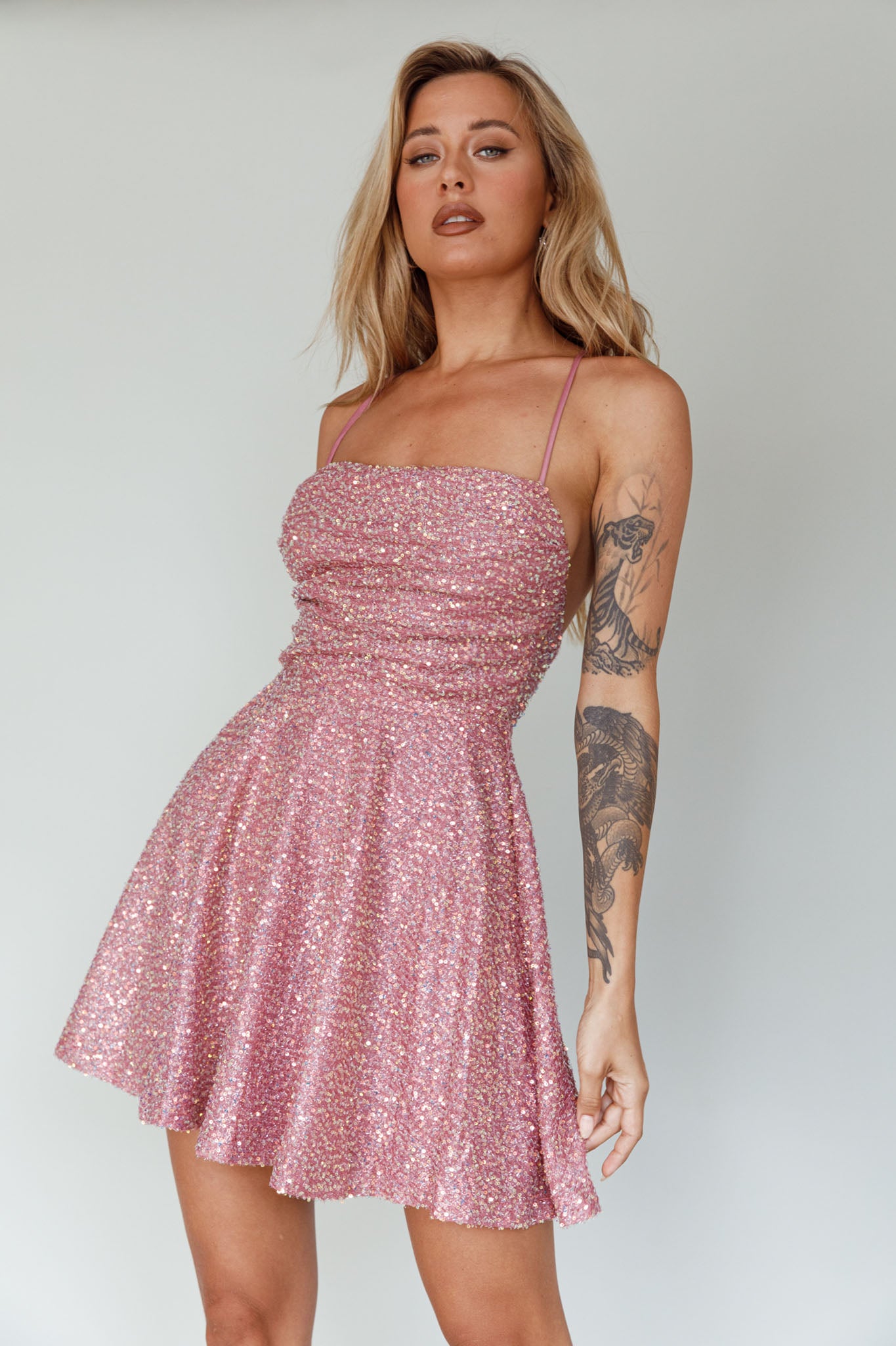 Into The Night Tied Back Sequin Dress Mauve by Selfie Leslie
