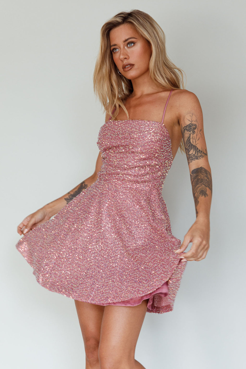 Into The Night Tied Back Sequin Dress Mauve by Selfie Leslie
