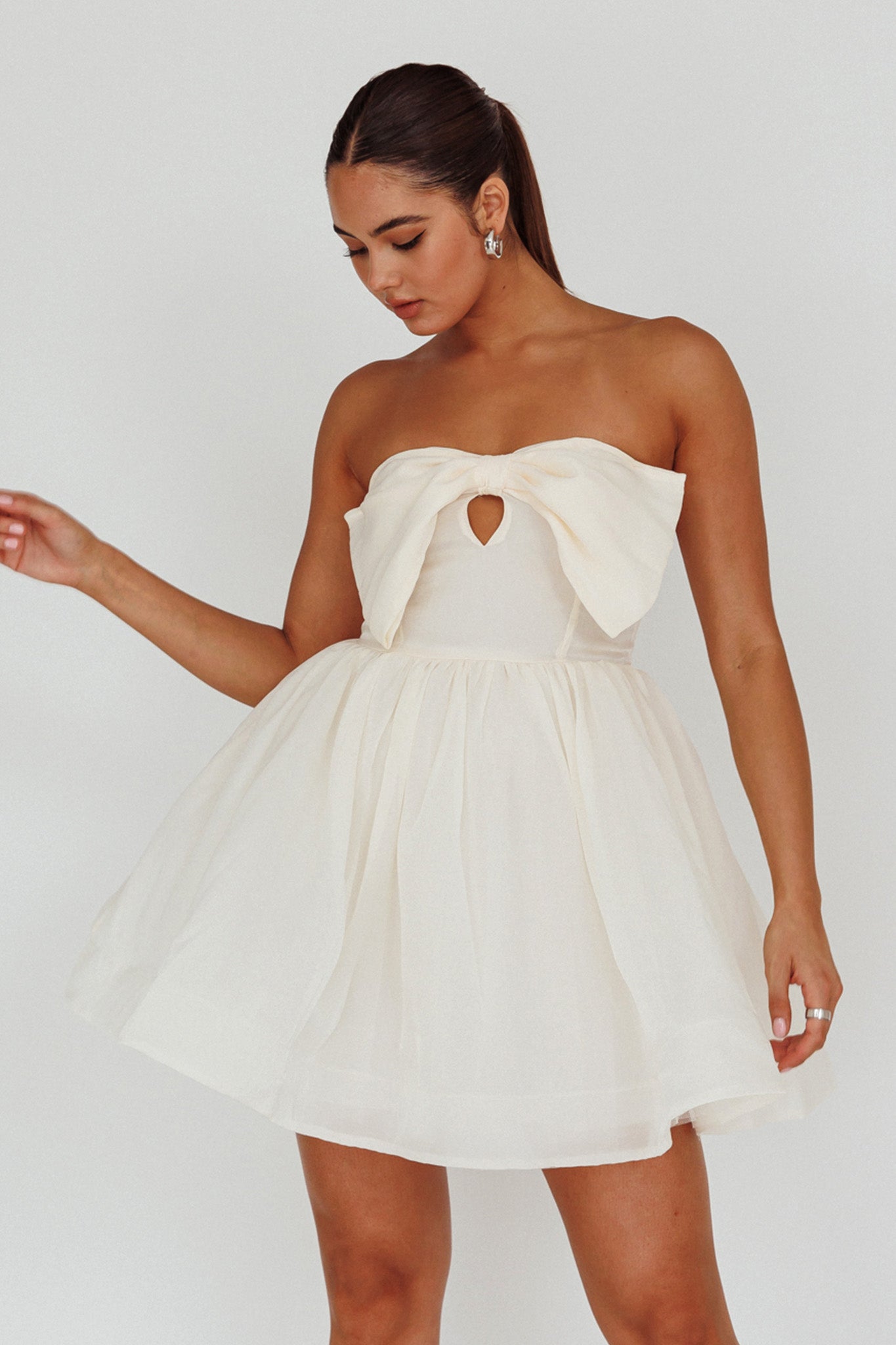 Arabesque Bow Bust Mini Dress Champagne by Selfie Leslie