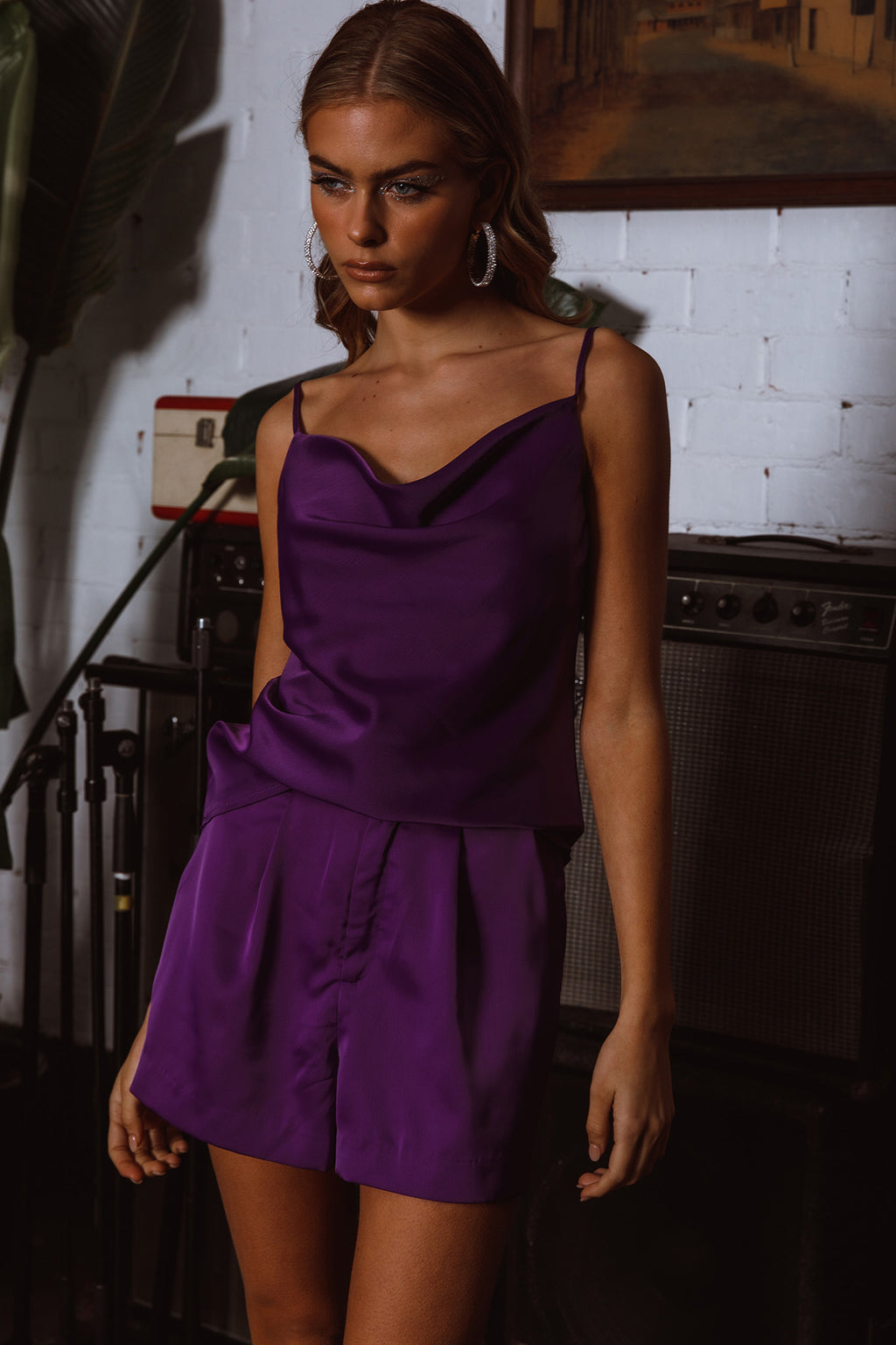 Taylah Cowl Neck Cami Top Purple by Selfie Leslie