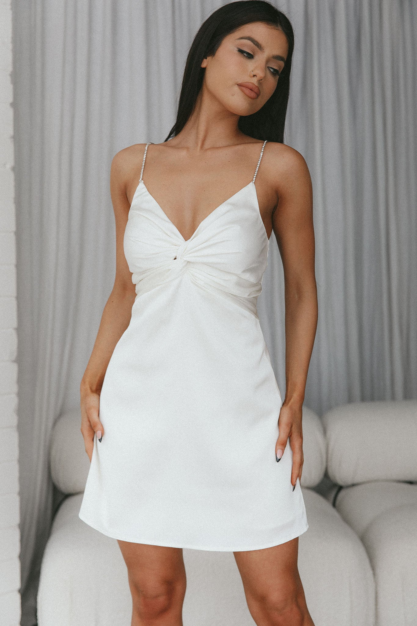 Insignia Twist Bust Diamante Mini Dress Cream by Selfie Leslie
