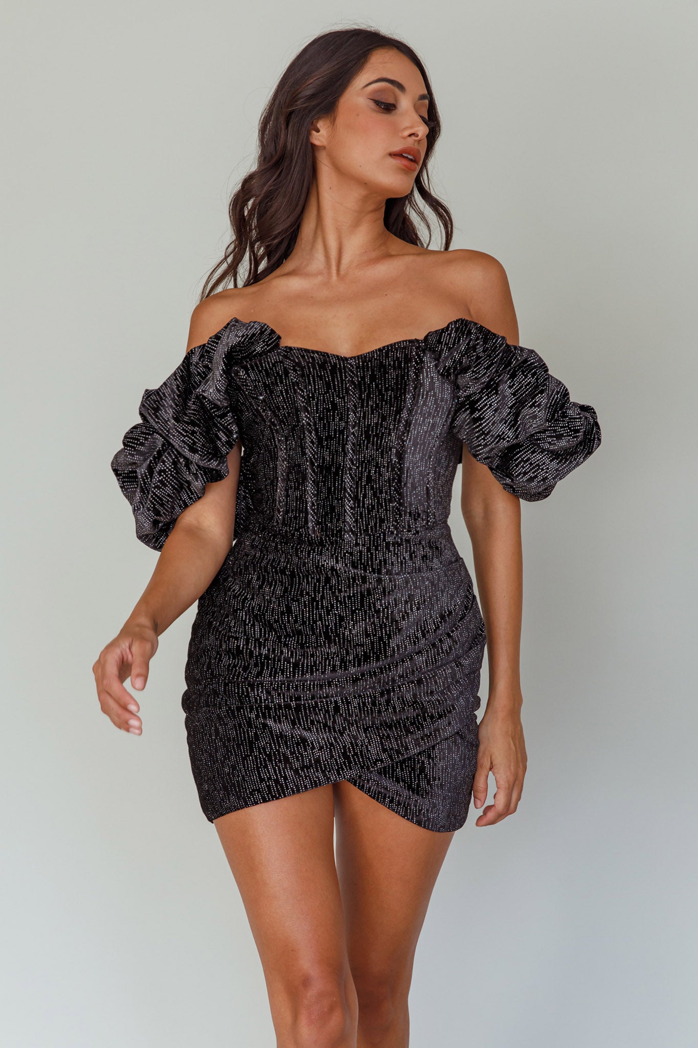 So Famous Off-Shoulder Mini Dress Black by Selfie Leslie
