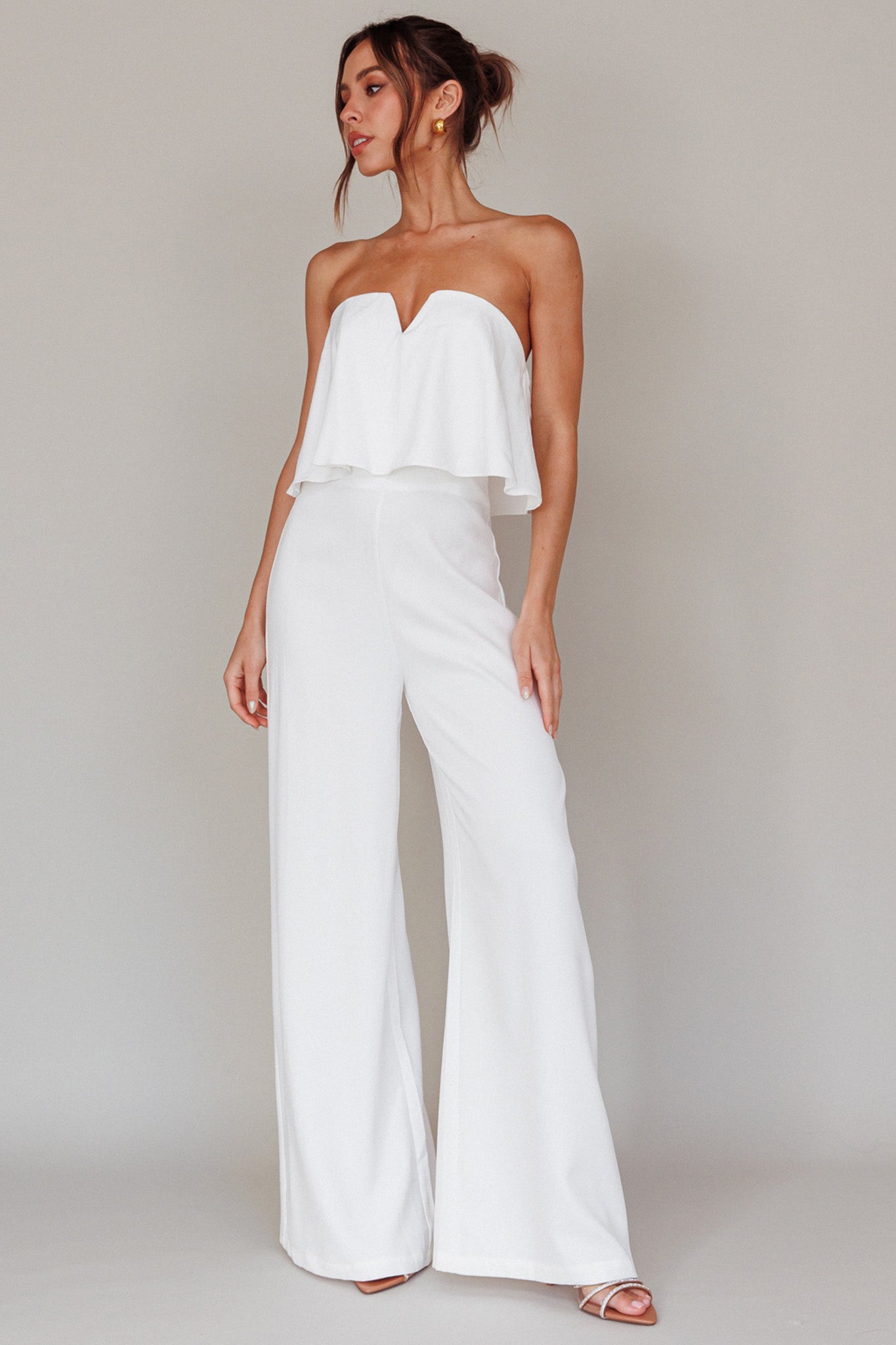 Shop the Butterfly Kiss Strapless Jumpsuit Off White | Selfie Leslie