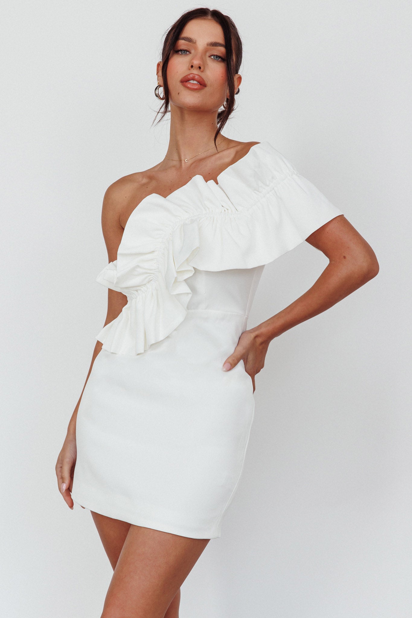 Grecca One-Shoulder Mini Dress Off White by Selfie Leslie