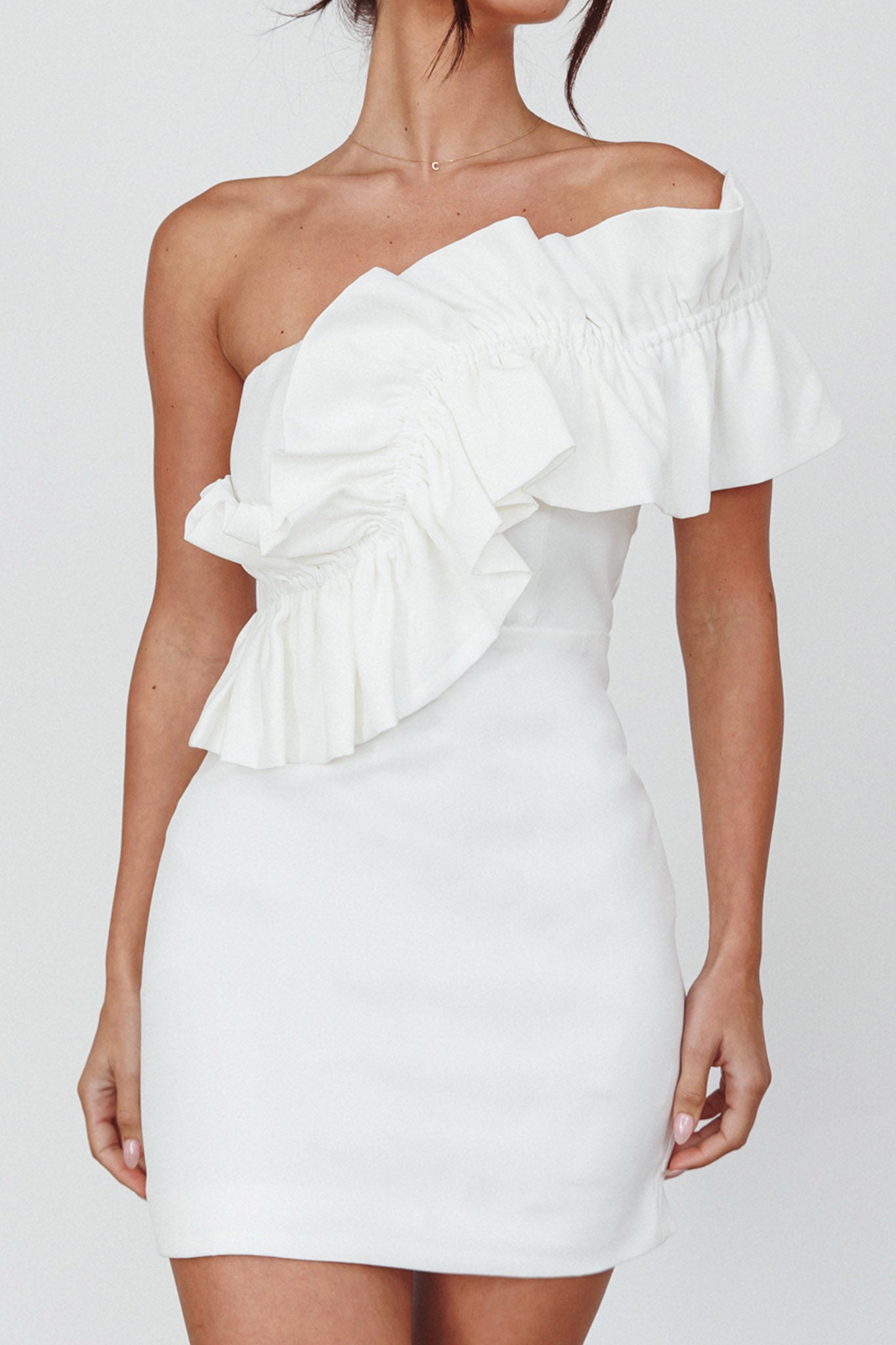 Grecca One-Shoulder Mini Dress Off White by Selfie Leslie