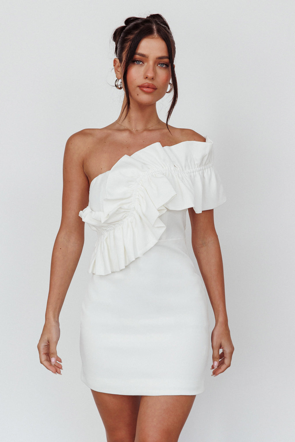 Grecca One-Shoulder Mini Dress Off White by Selfie Leslie