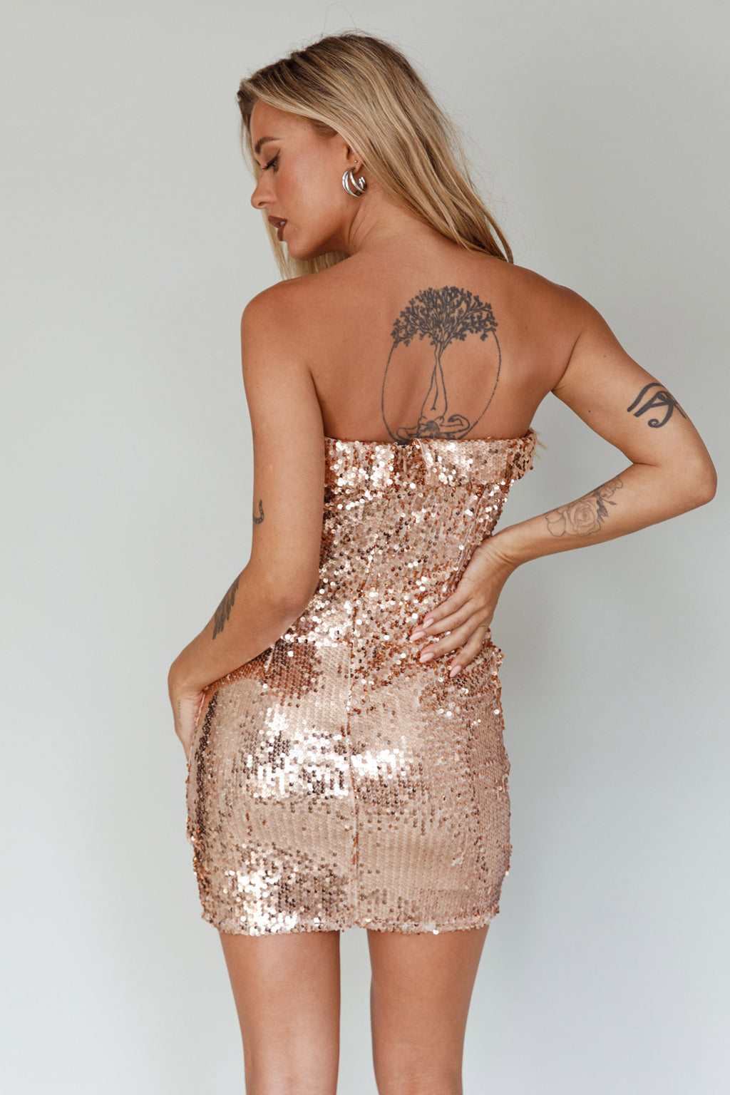 Drive Me Crazy Sequin Mini Dress Rose Gold by Selfie Leslie