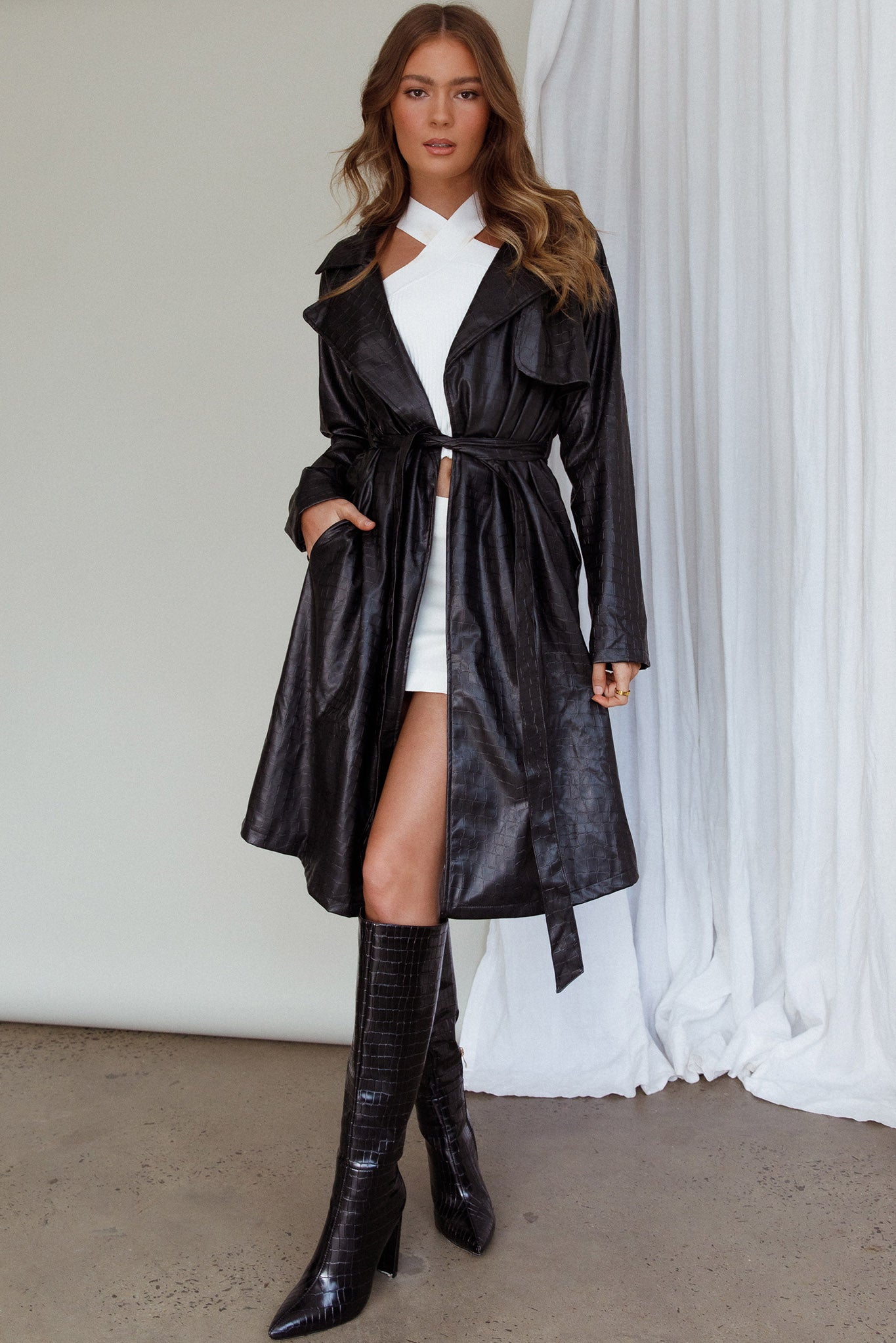Wilhelmina Long Jacket Embossed Black by Selfie Leslie