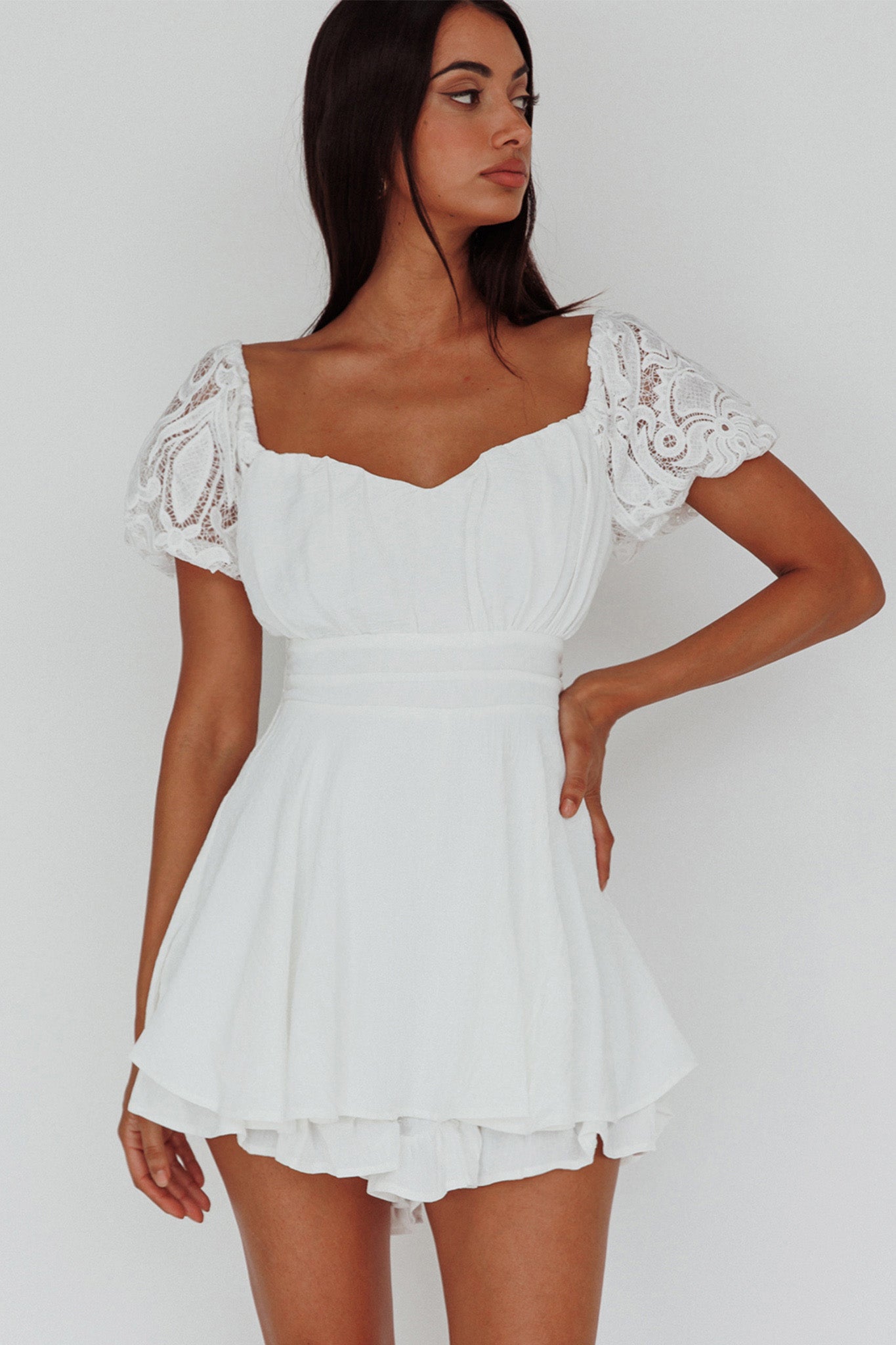 Lianah Lace Sleeve Tied Back Romper White by Selfie Leslie