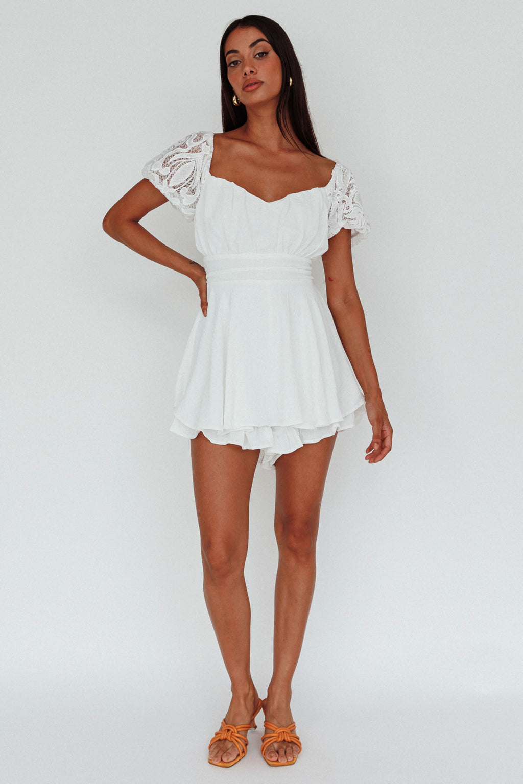 Lianah Lace Sleeve Tied Back Romper White by Selfie Leslie