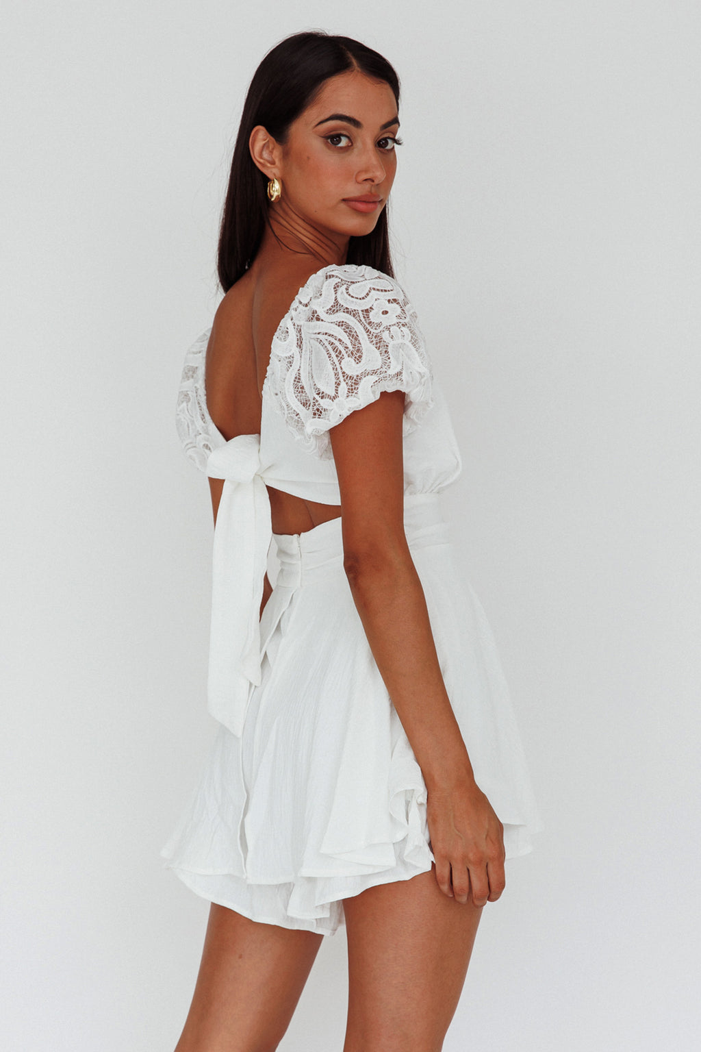 Lianah Lace Sleeve Tied Back Romper White by Selfie Leslie