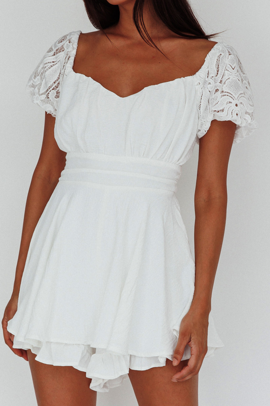 Lianah Lace Sleeve Tied Back Romper White by Selfie Leslie