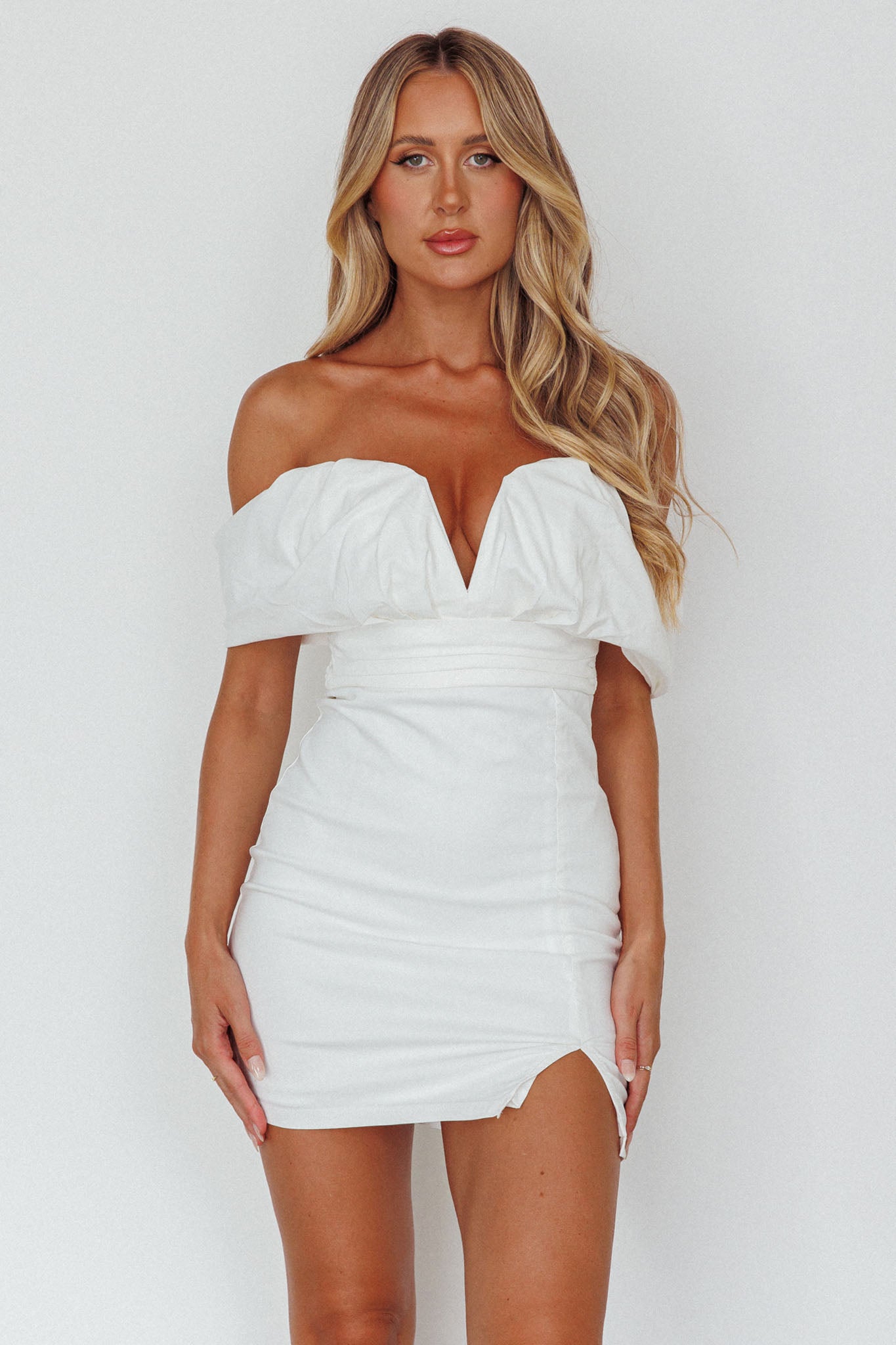 Oui Madame Off Shoulder Mini Dress Off White by Selfie Leslie