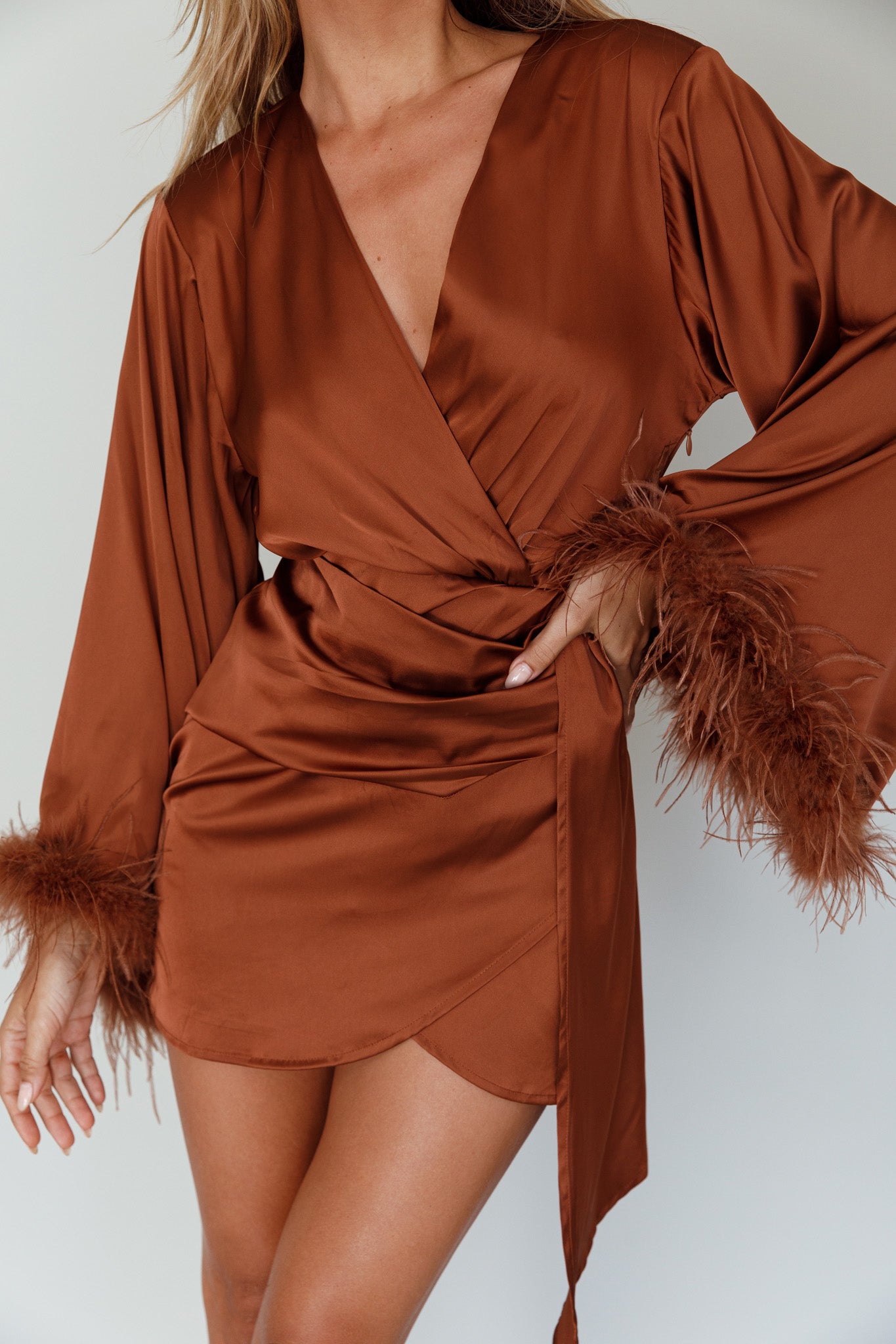 Screen Queen Feather Cuff Mini Dress Ginger by Selfie Leslie
