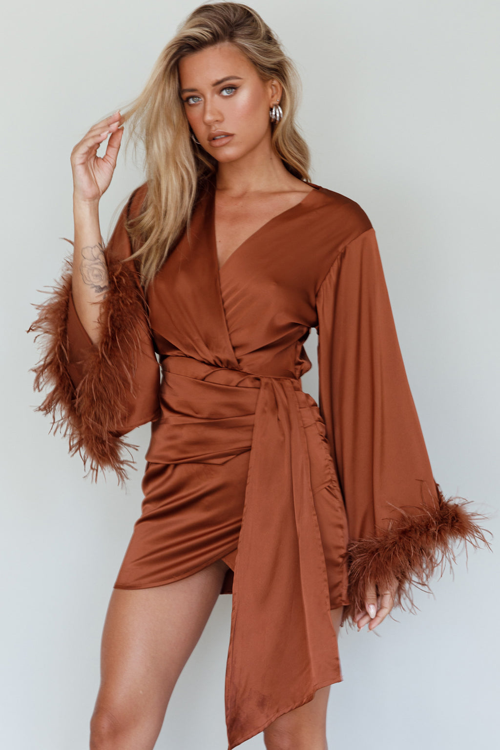 Screen Queen Feather Cuff Mini Dress Ginger by Selfie Leslie