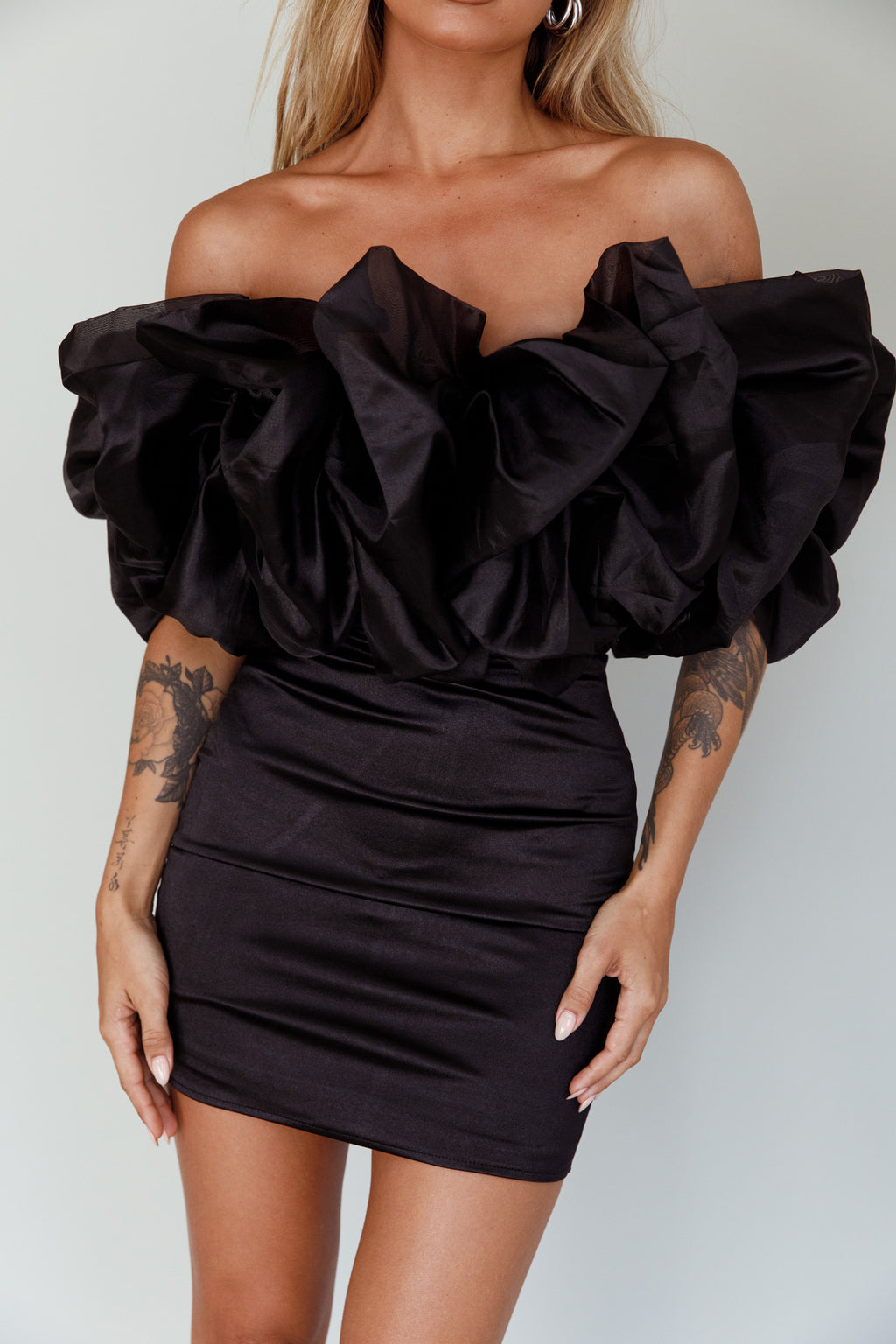 Manhattan Moment Off Shoulder Mini Dress Black by Selfie Leslie