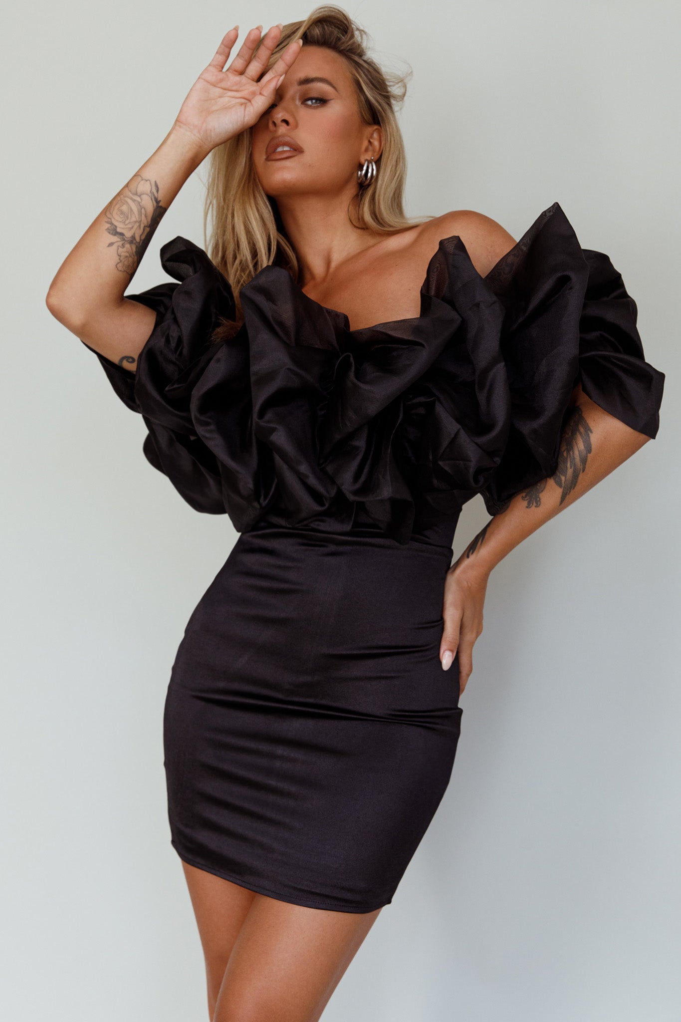 Manhattan Moment Off Shoulder Mini Dress Black by Selfie Leslie