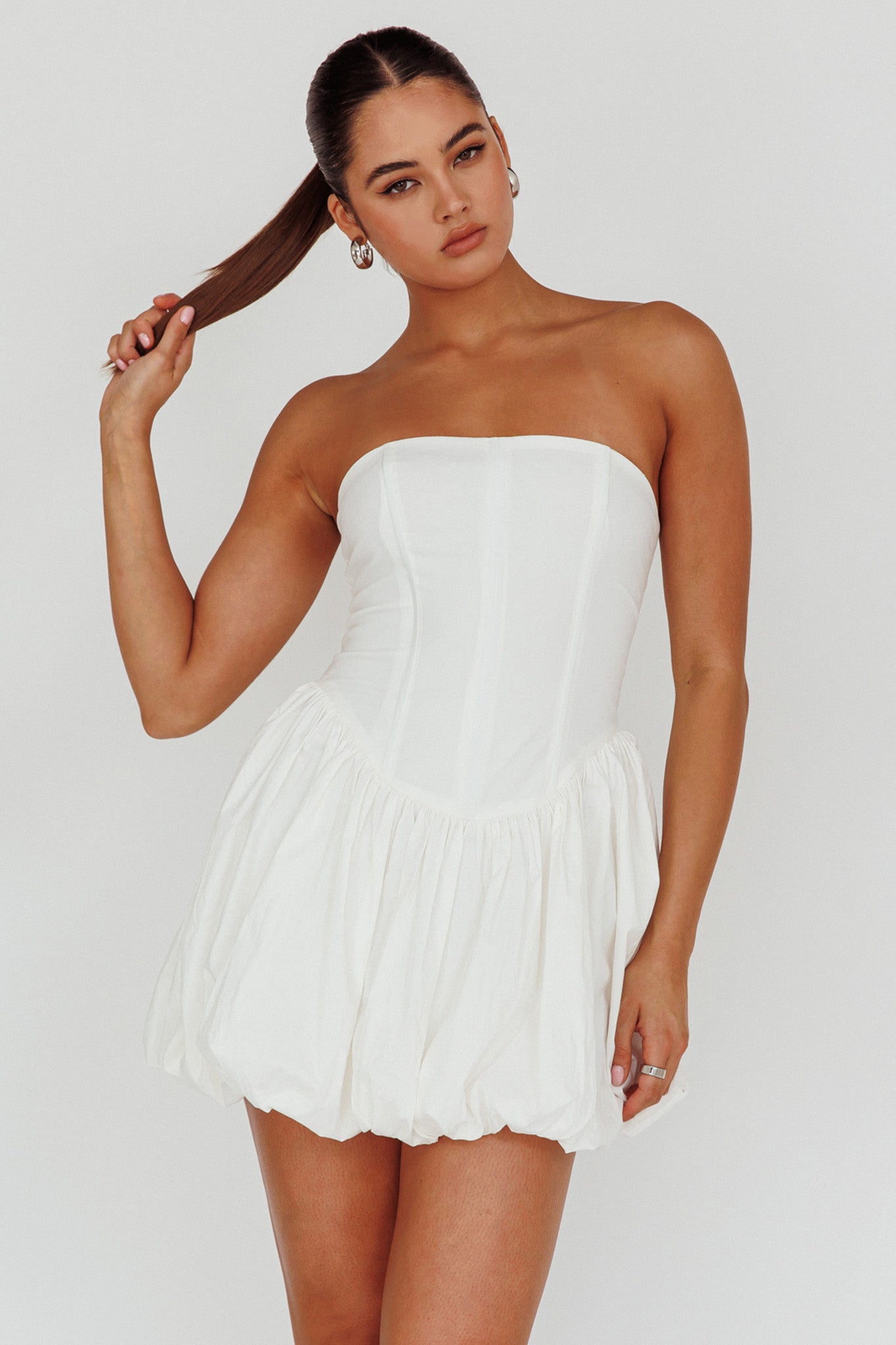 Shop the Monti Strapless Bubble Hem Mini Dress White