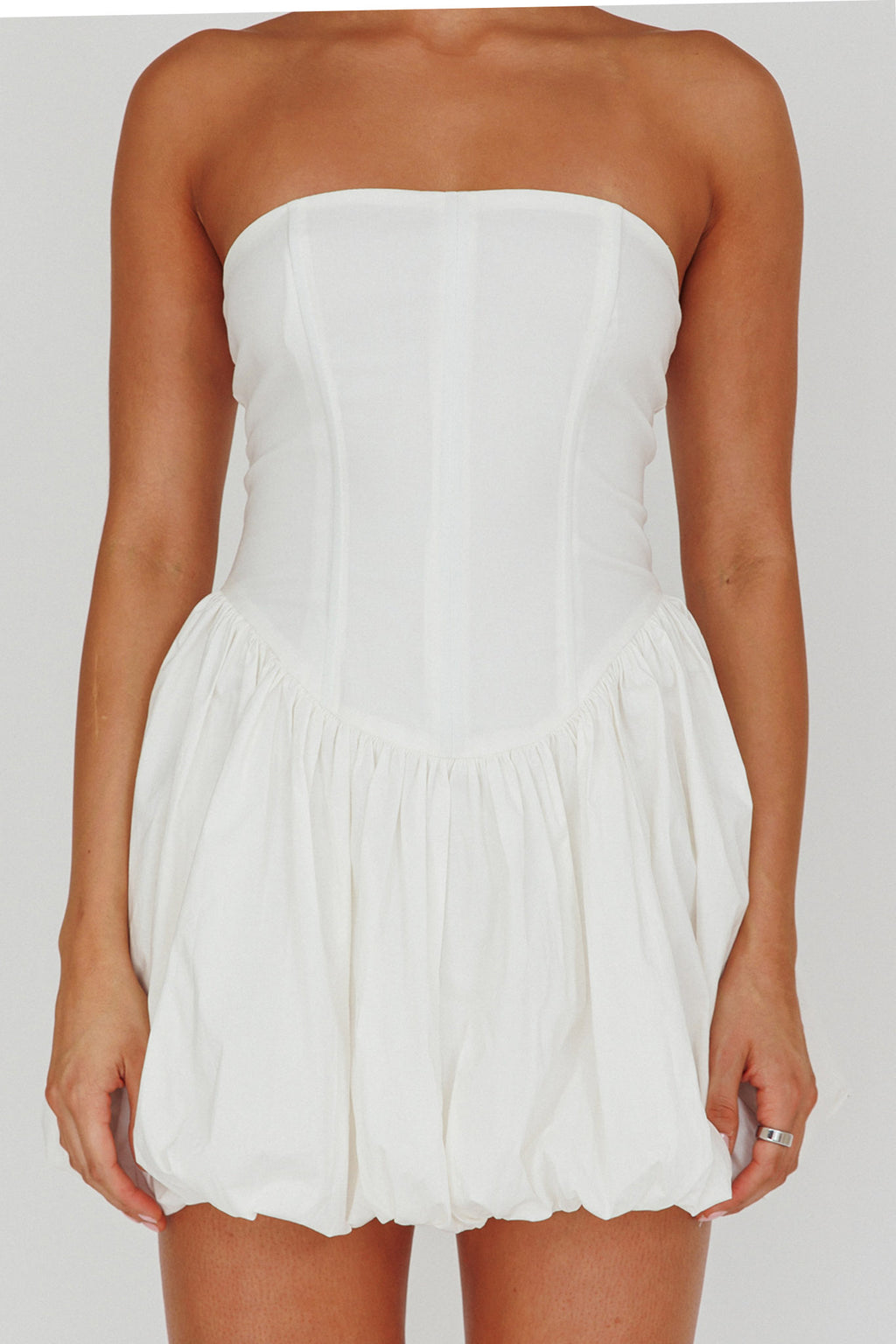 Monti Strapless Bubble Hem Mini Dress White by Selfie Leslie