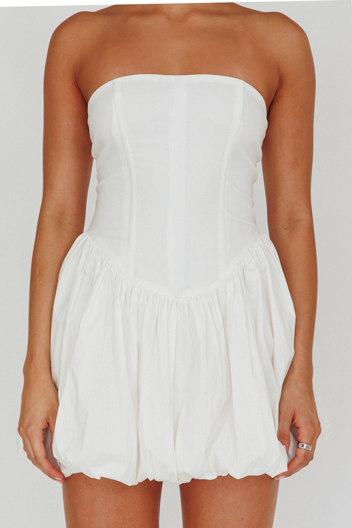 Monti Strapless Bubble Hem Mini Dress White by Selfie Leslie