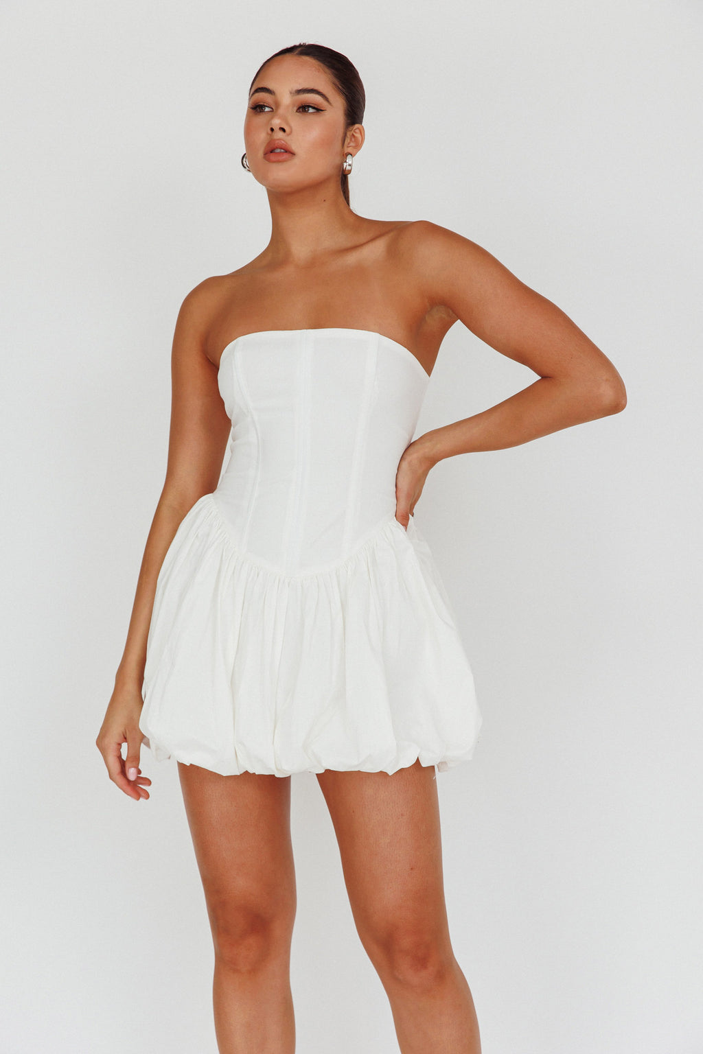 Monti Strapless Bubble Hem Mini Dress White by Selfie Leslie