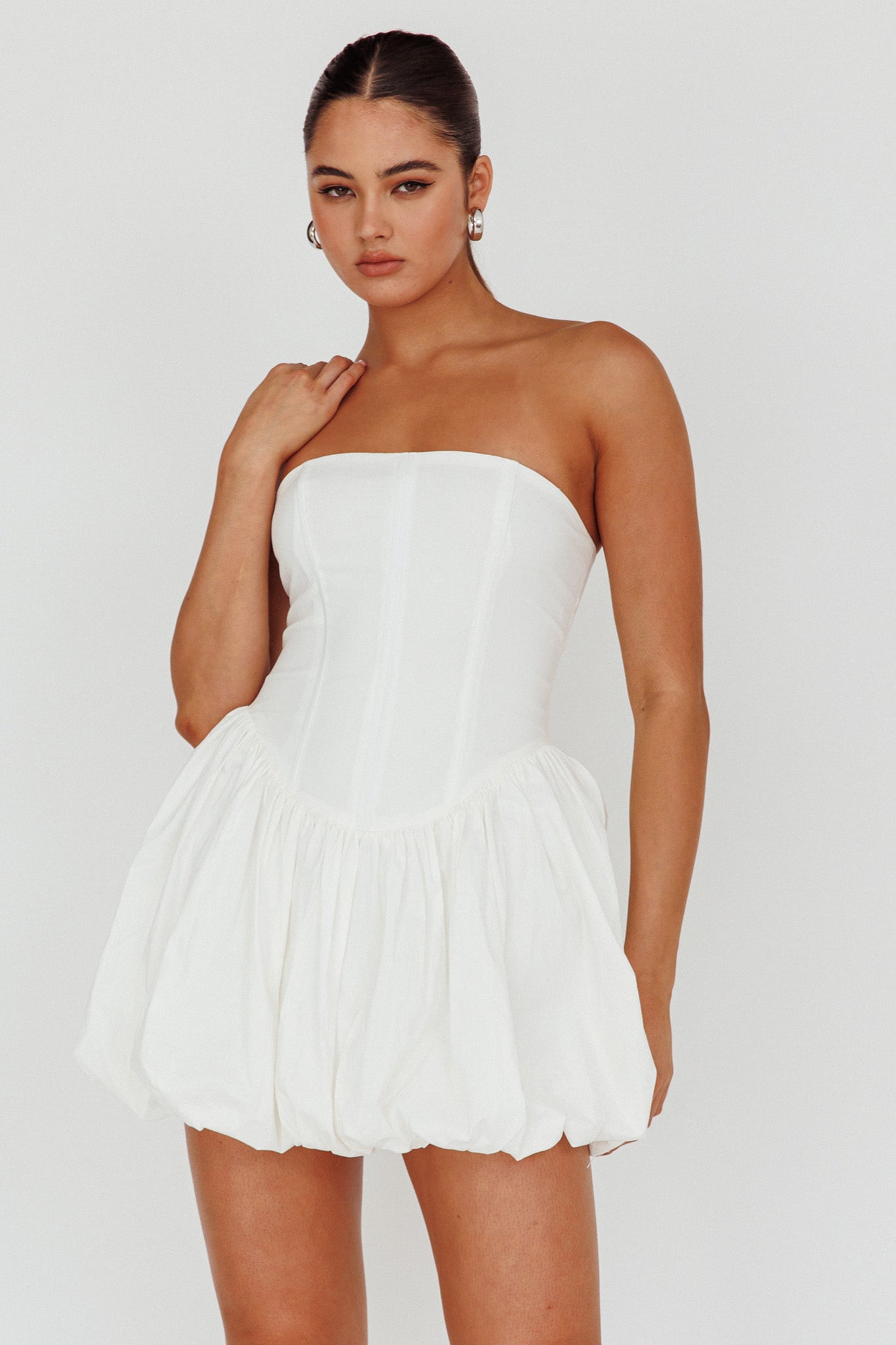 Monti Strapless Bubble Hem Mini Dress White by Selfie Leslie