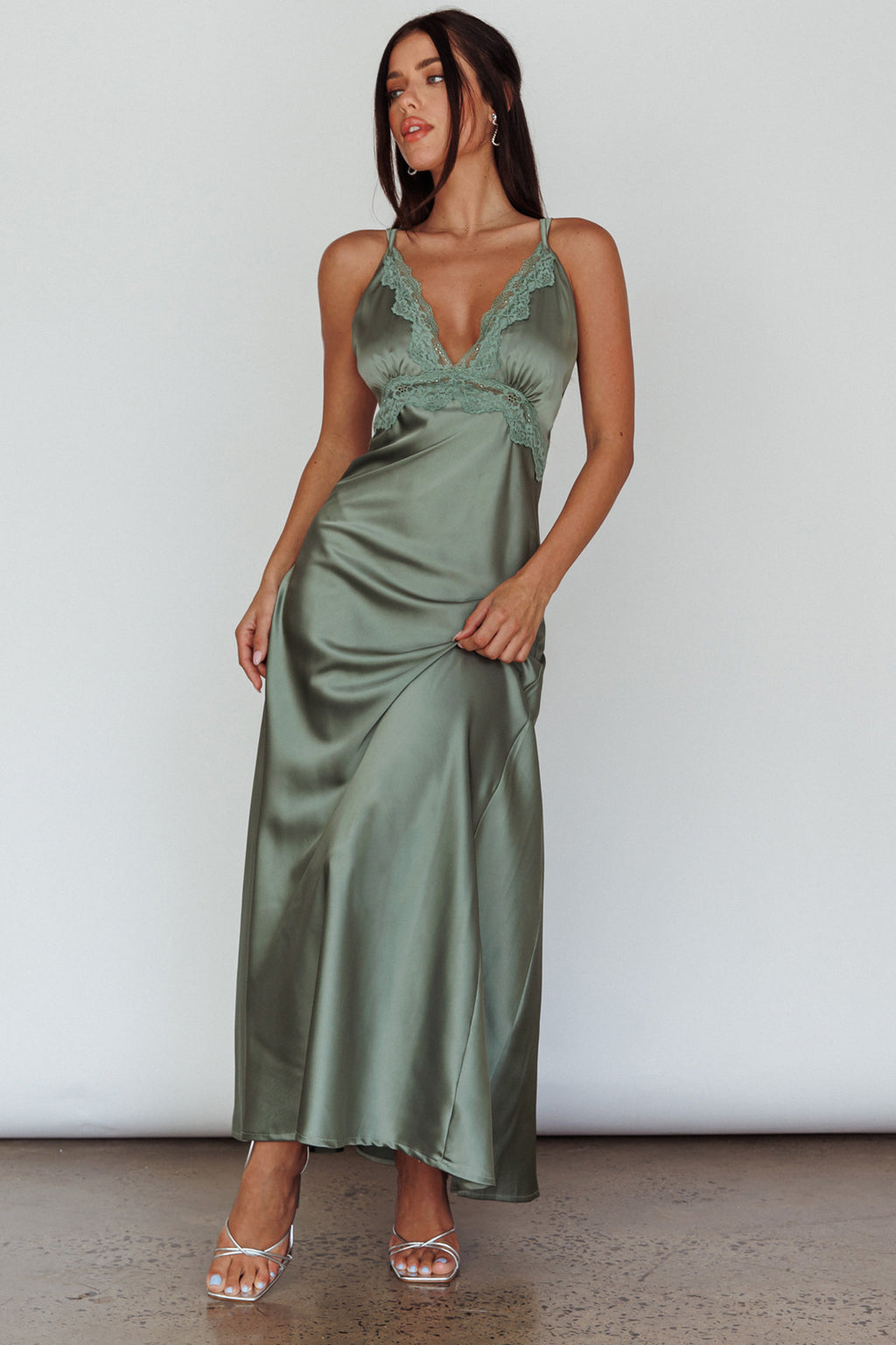 Signature Lace Trim Midi Dress Sage by Selfie Leslie