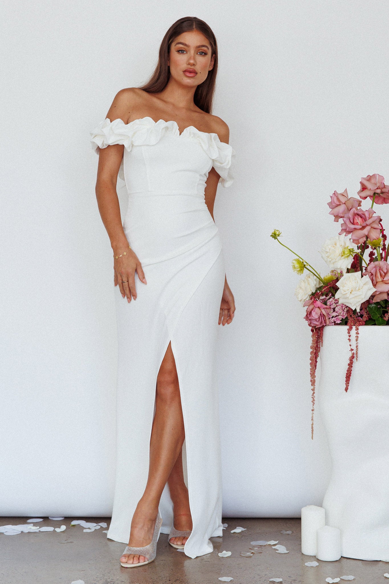 ivory off the shoulder maxi dress Nova Ruffle Off Shoulder Maxi Dress / Ivory | MESHKI