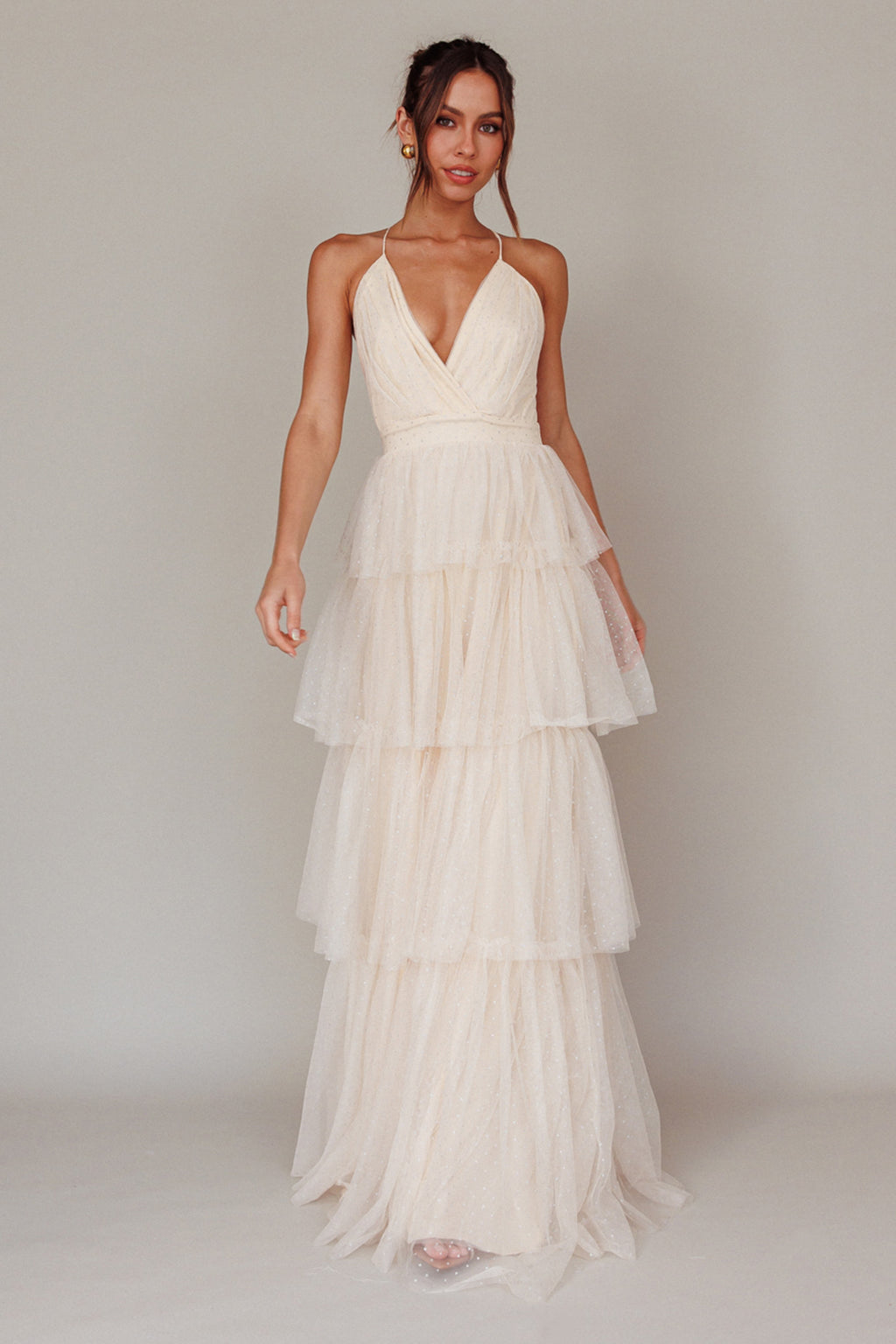 Seylah Tiered Frill Maxi Dress Glitter Cream by Selfie Leslie