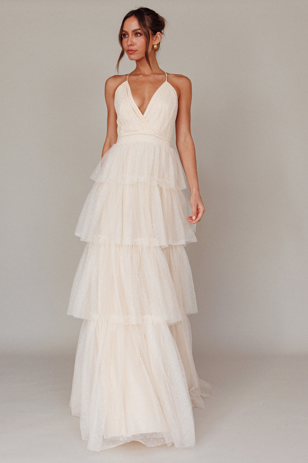 Seylah Tiered Frill Maxi Dress Glitter Cream by Selfie Leslie