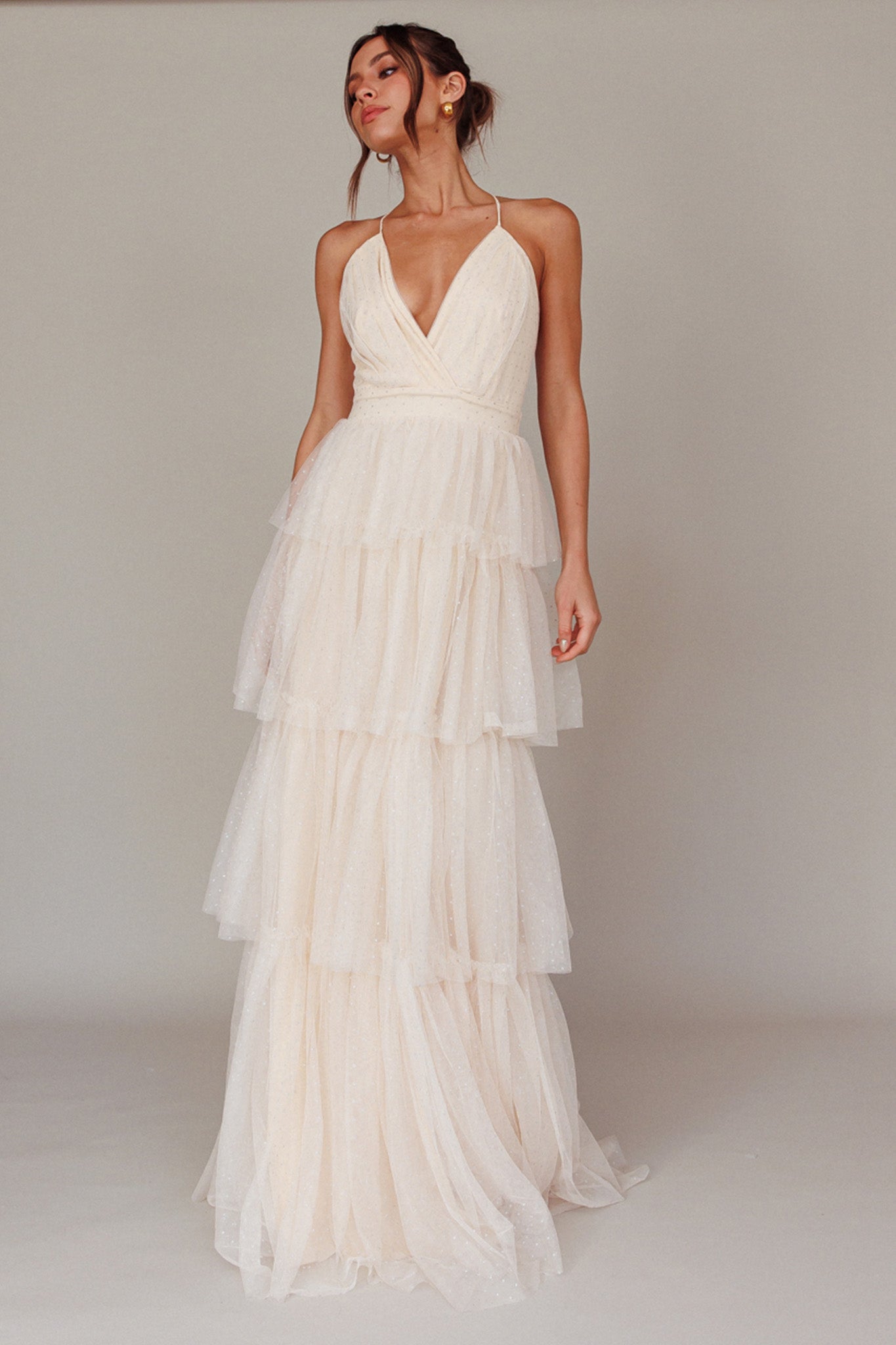 Seylah Tiered Frill Maxi Dress Glitter Cream by Selfie Leslie