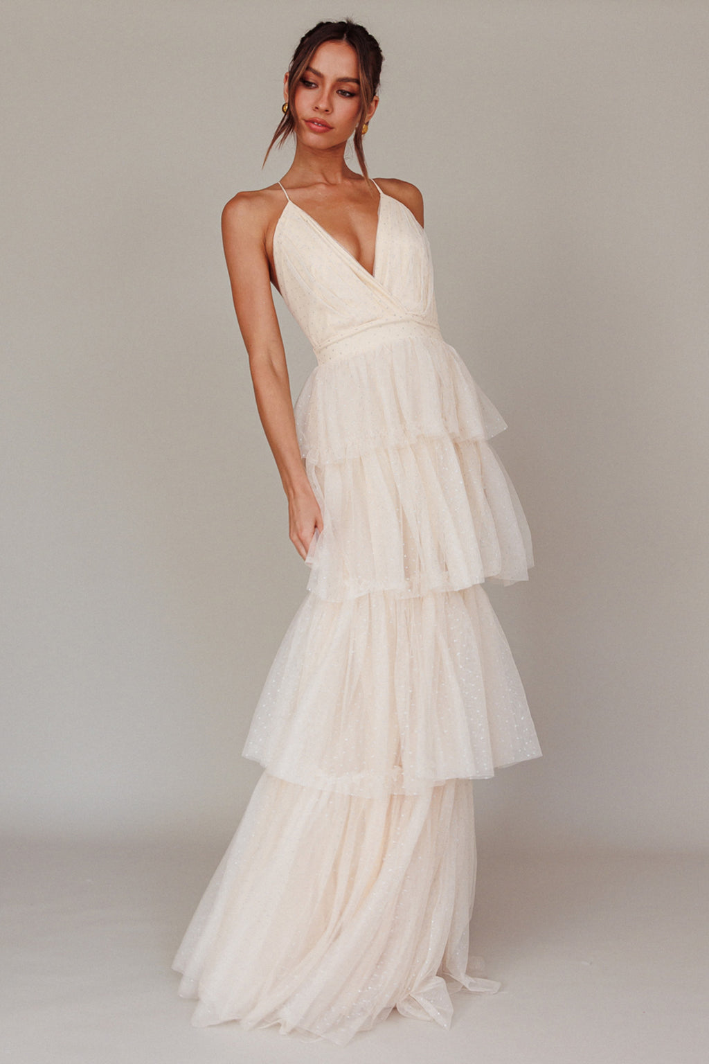 Seylah Tiered Frill Maxi Dress Glitter Cream by Selfie Leslie