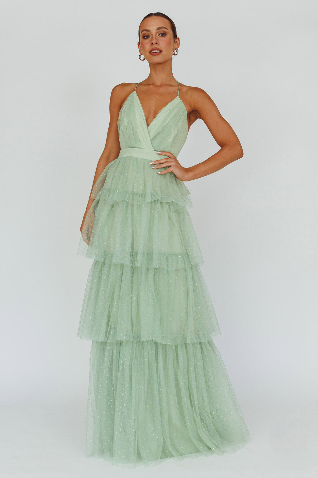 Seylah Tiered Frill Maxi Dress Glitter Sage by Selfie Leslie