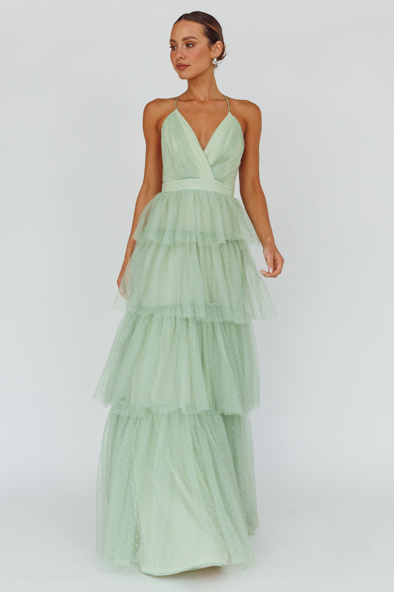 Seylah Tiered Frill Maxi Dress Glitter Sage by Selfie Leslie