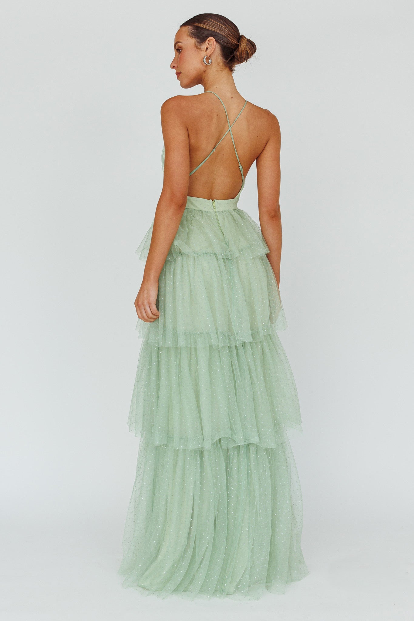 Seylah Tiered Frill Maxi Dress Glitter Sage by Selfie Leslie