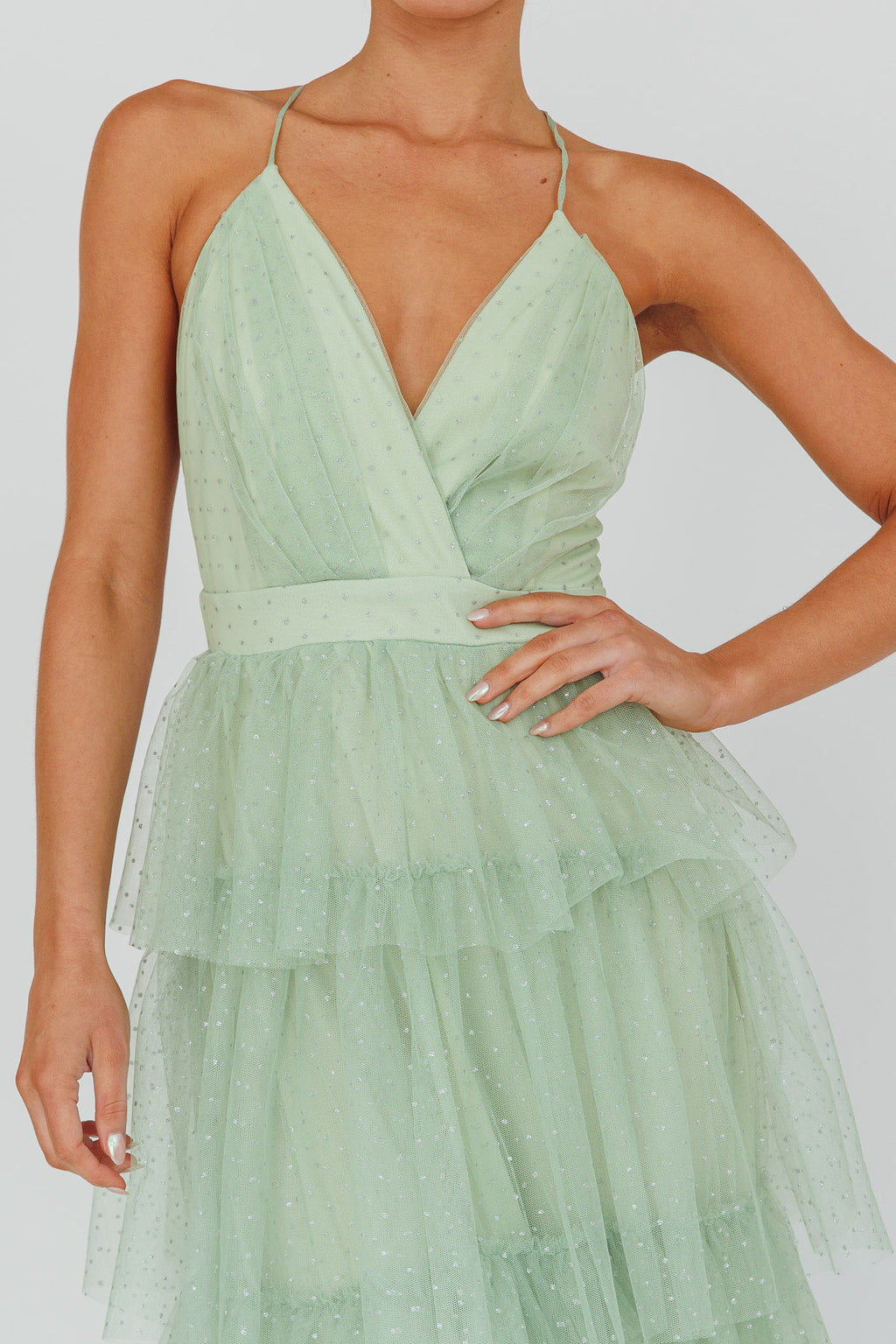 Seylah Tiered Frill Maxi Dress Glitter Sage by Selfie Leslie