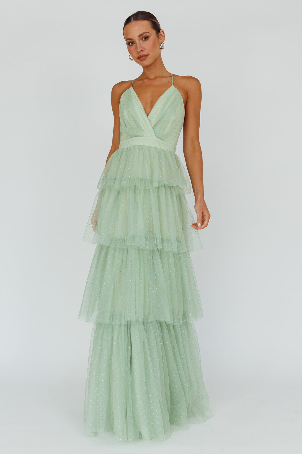 Seylah Tiered Frill Maxi Dress Glitter Sage by Selfie Leslie