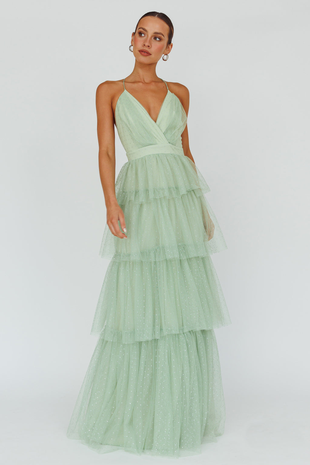 Seylah Tiered Frill Maxi Dress Glitter Sage by Selfie Leslie