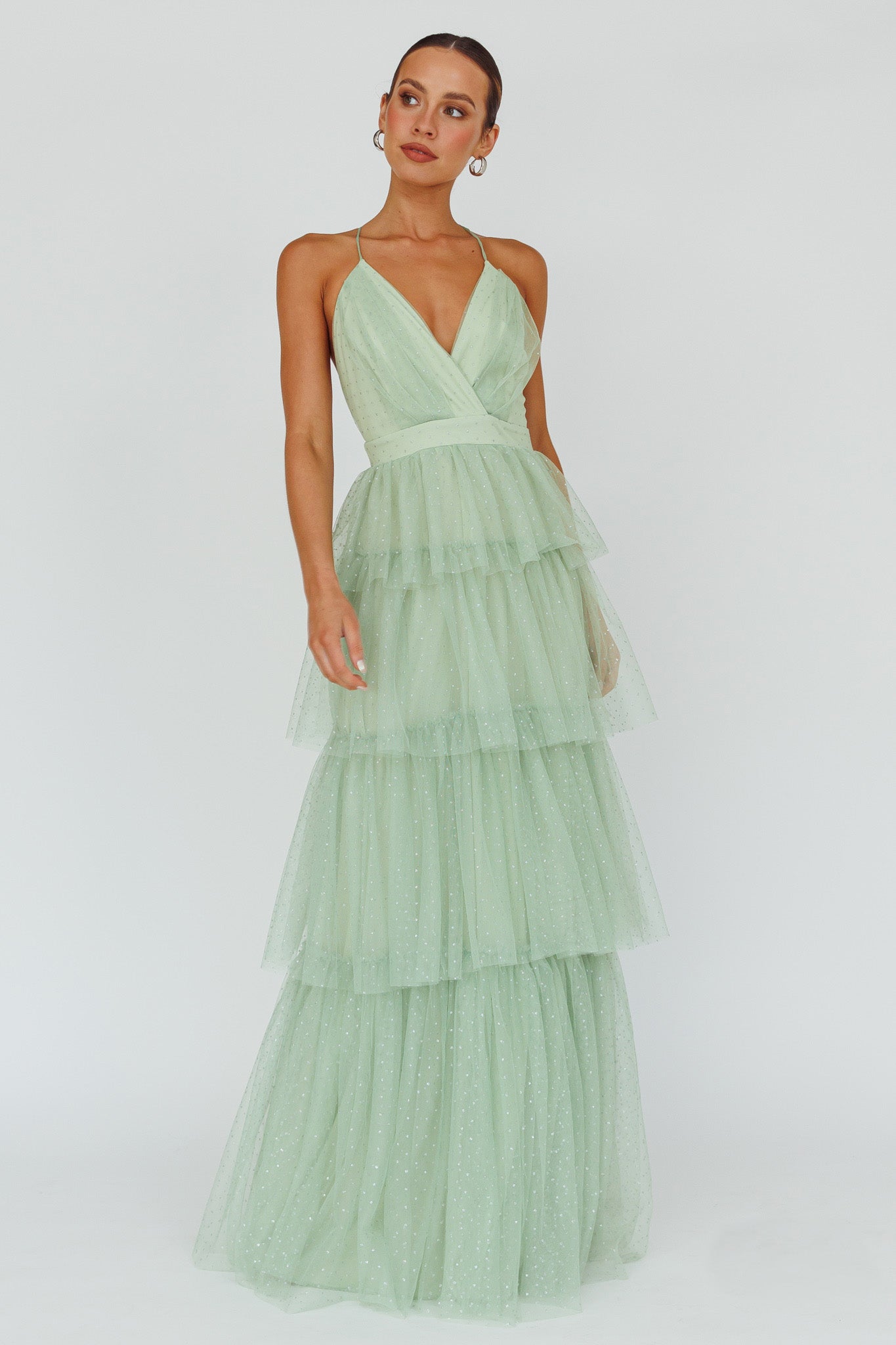 Seylah Tiered Frill Maxi Dress Glitter Sage by Selfie Leslie
