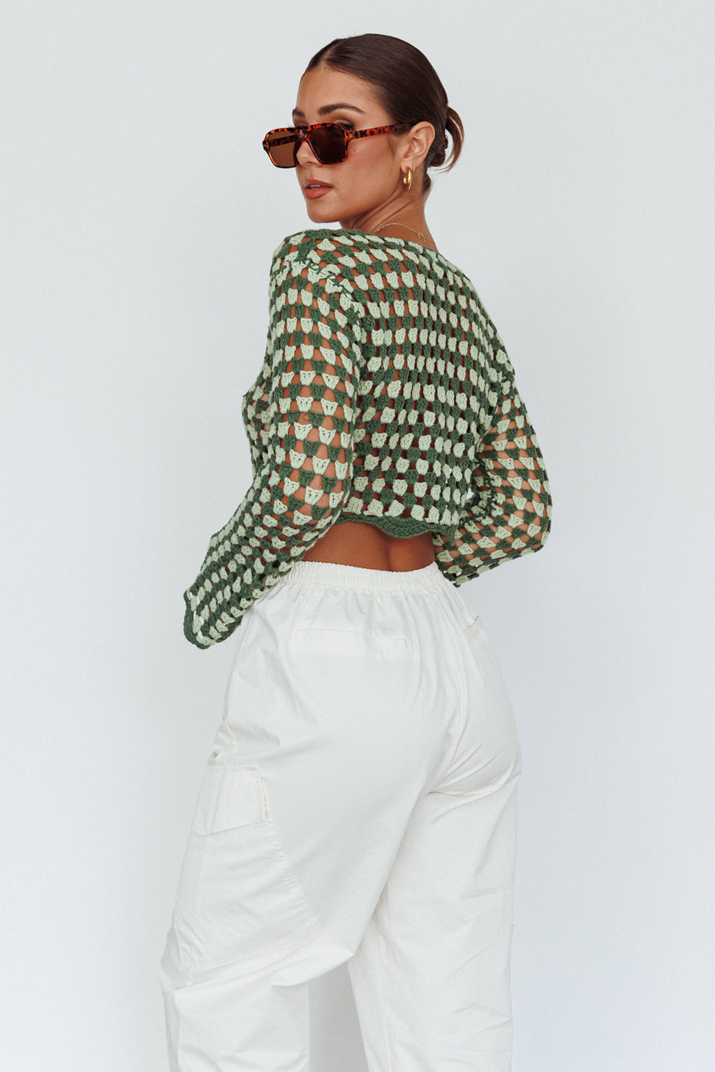 Maycie Long Sleeve Crochet Crop Top Green Multi by Selfie Leslie