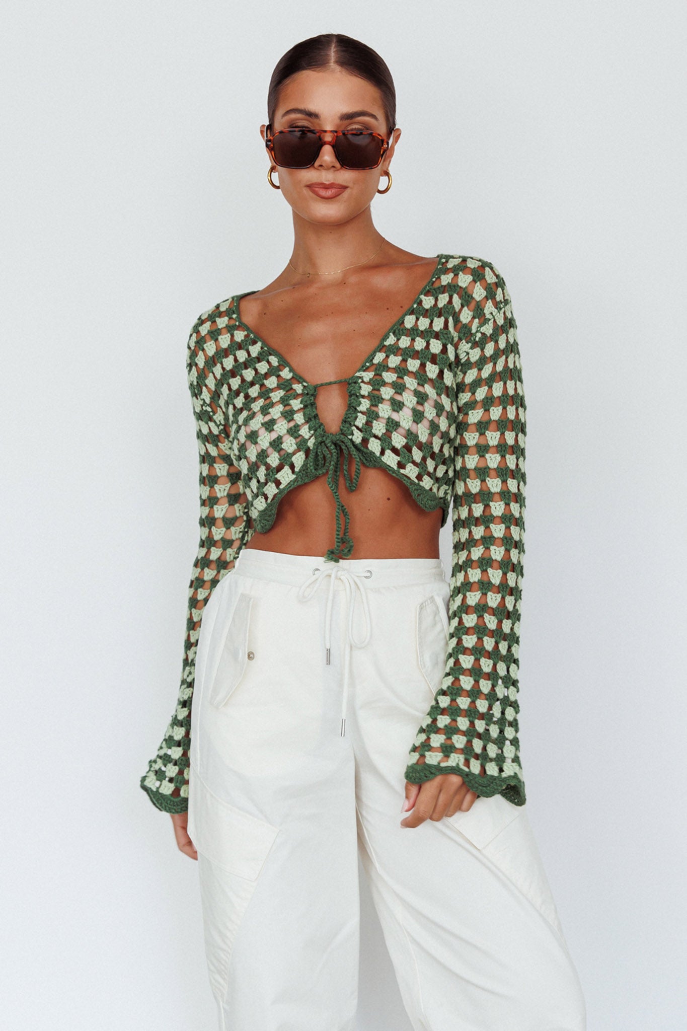 Maycie Long Sleeve Crochet Crop Top Green Multi by Selfie Leslie