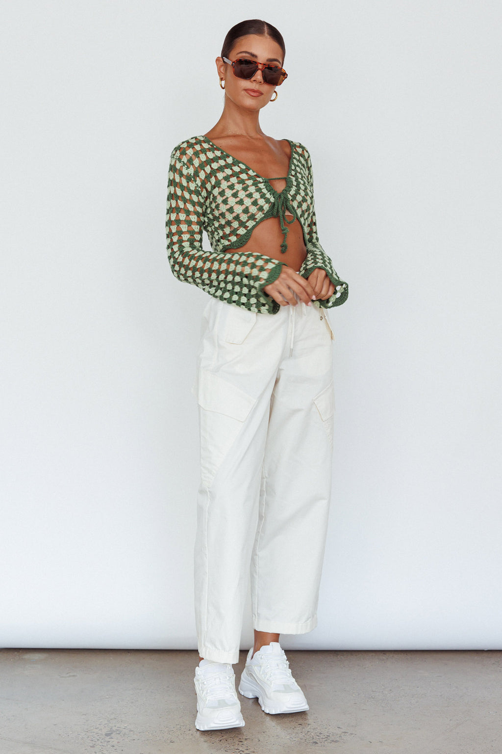 Maycie Long Sleeve Crochet Crop Top Green Multi by Selfie Leslie