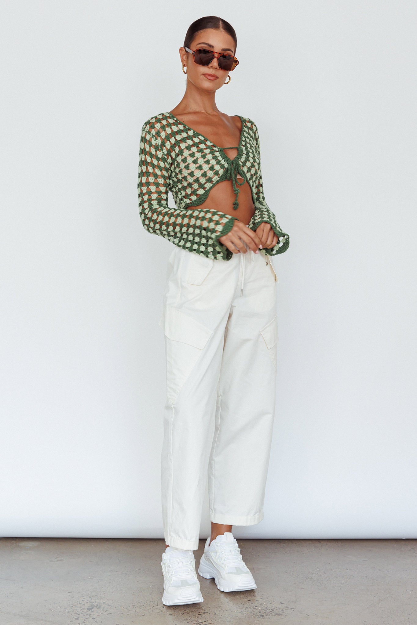 Maycie Long Sleeve Crochet Crop Top Green Multi by Selfie Leslie