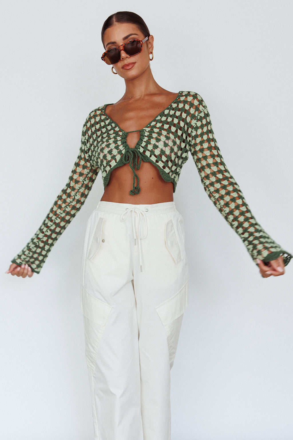 Maycie Long Sleeve Crochet Crop Top Green Multi by Selfie Leslie