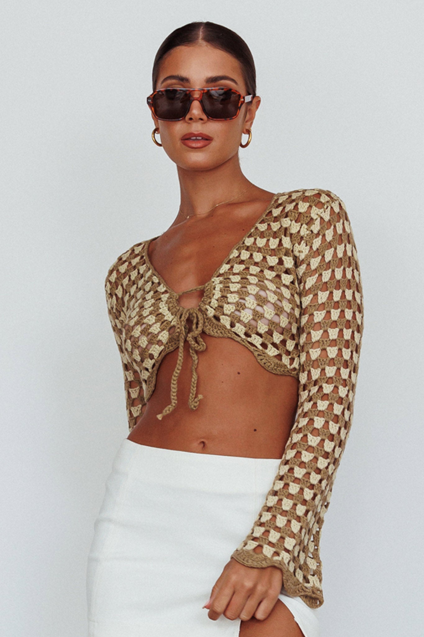 Maycie Long Sleeve Crochet Crop Top Taupe Multi by Selfie Leslie