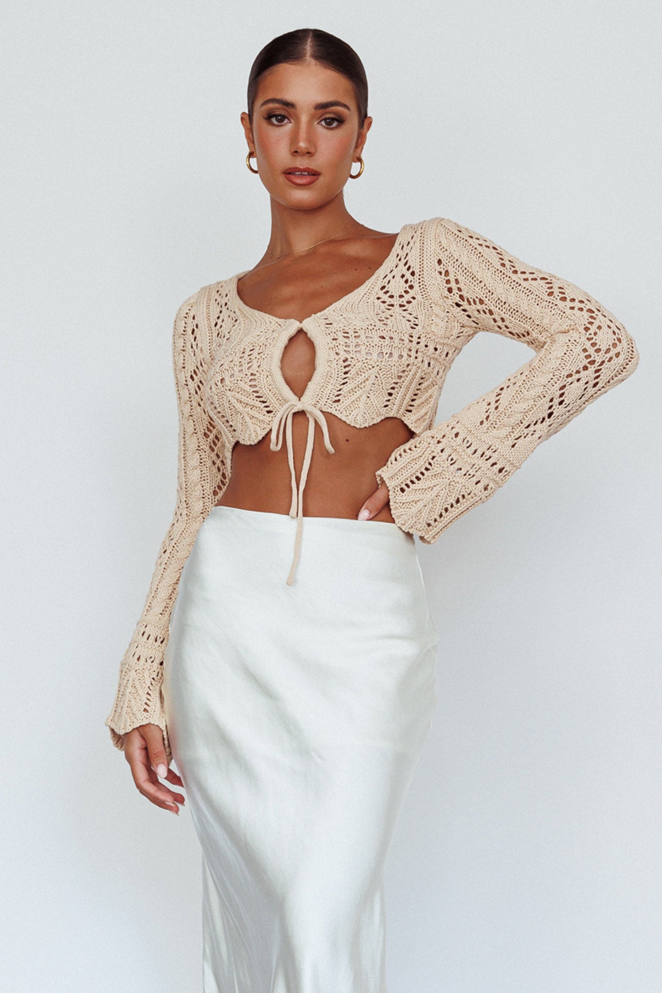 Shop the Maycie Long Sleeve Crochet Crop Top Beige
