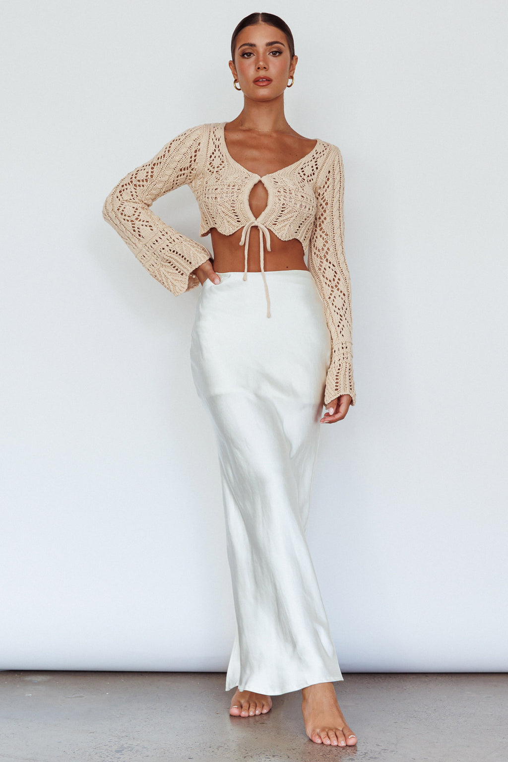 Maycie Long Sleeve Crochet Crop Top Beige by Selfie Leslie