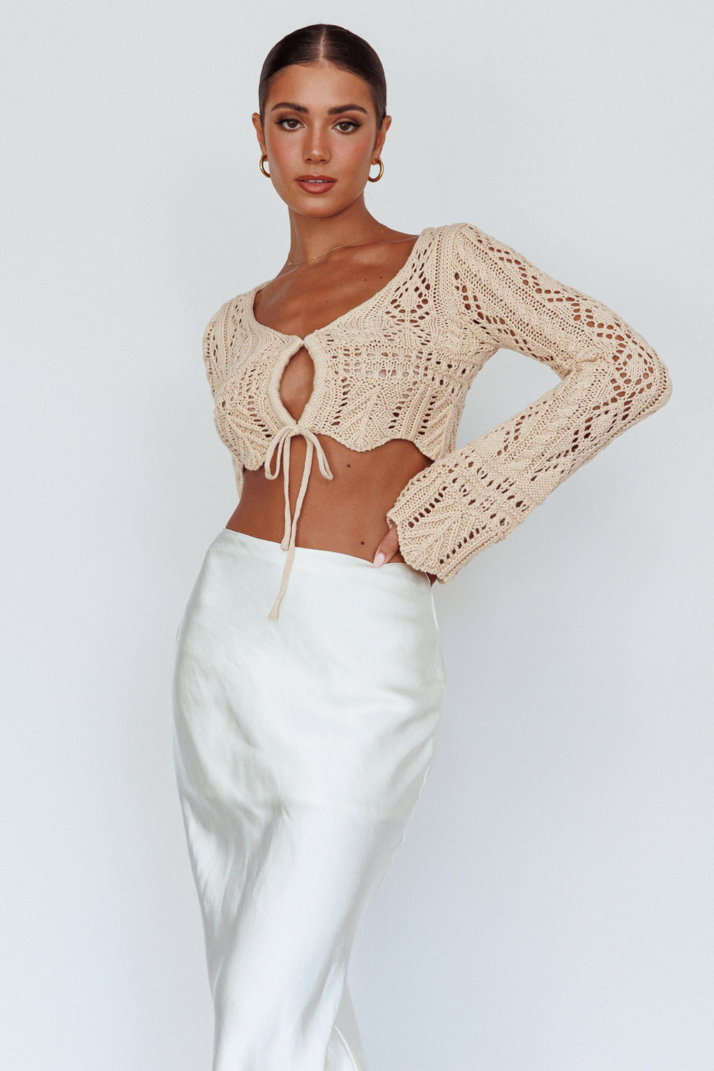 Maycie Long Sleeve Crochet Crop Top Beige by Selfie Leslie