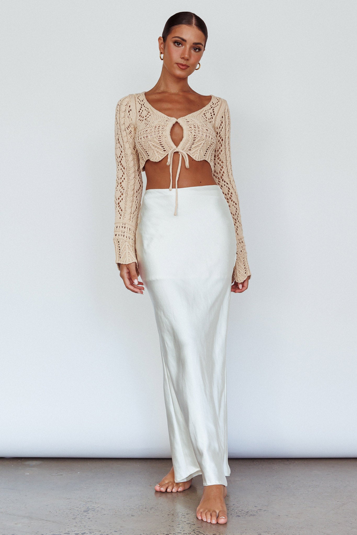 Maycie Long Sleeve Crochet Crop Top Beige by Selfie Leslie