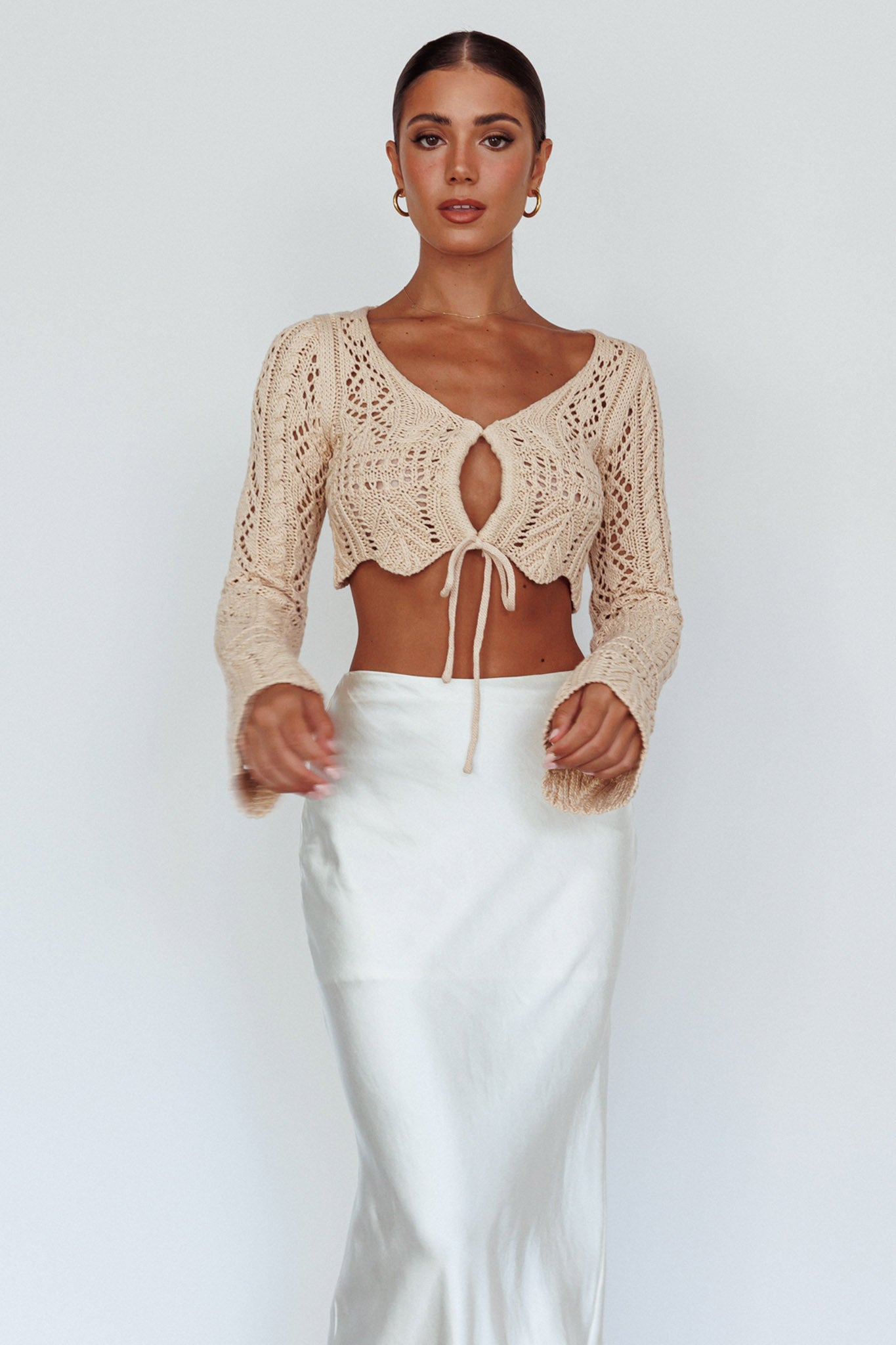 Maycie Long Sleeve Crochet Crop Top Beige by Selfie Leslie